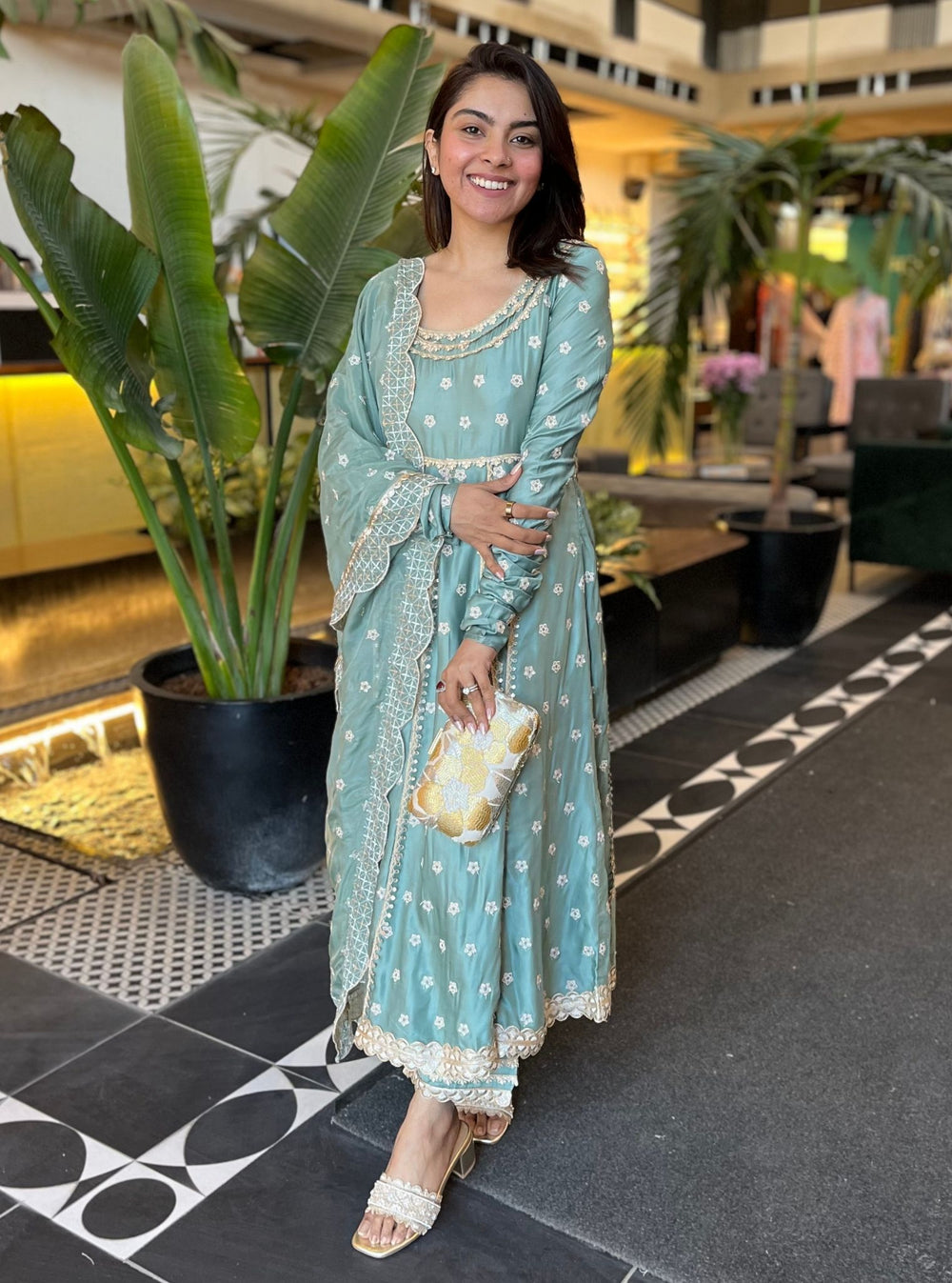 Tareefan Organza Satin Teal Blue Anarkali Kurta Set