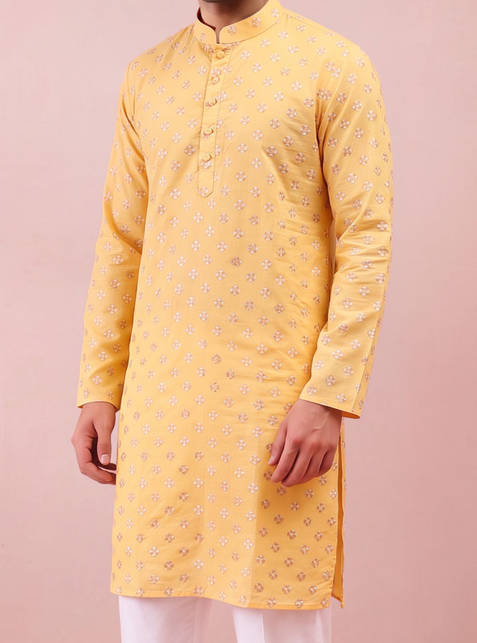 Utsav Pima Satin Yellow Mens Kurta Set