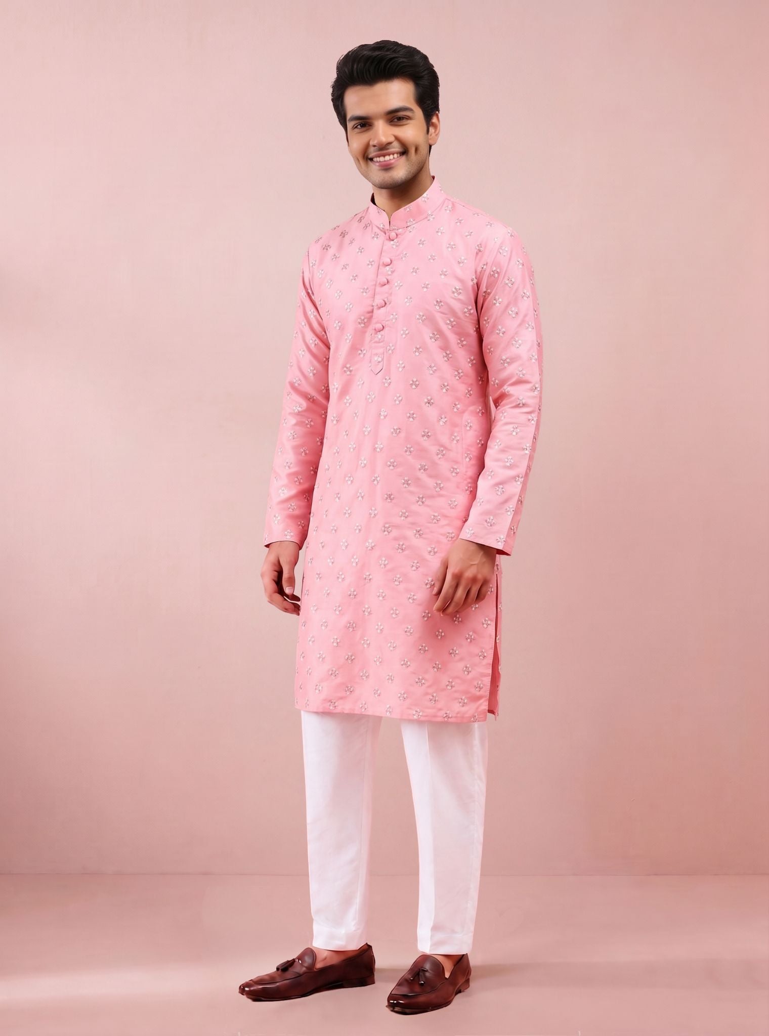 Utsav Pima Satin Pink Mens Kurta Set