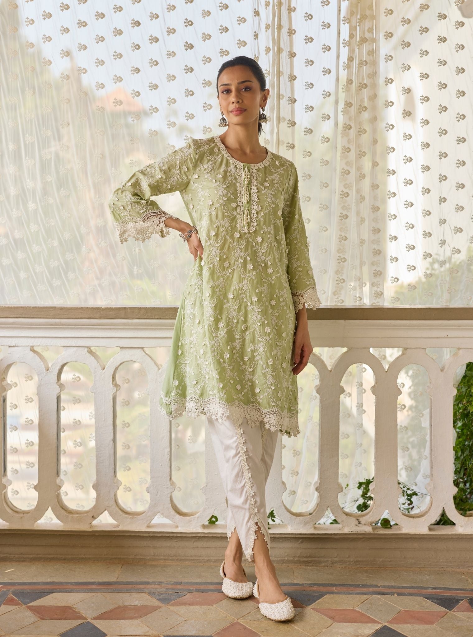 BayBreeze Supima Cotton Green Kurta with Aelira White Dhoti Pant Set