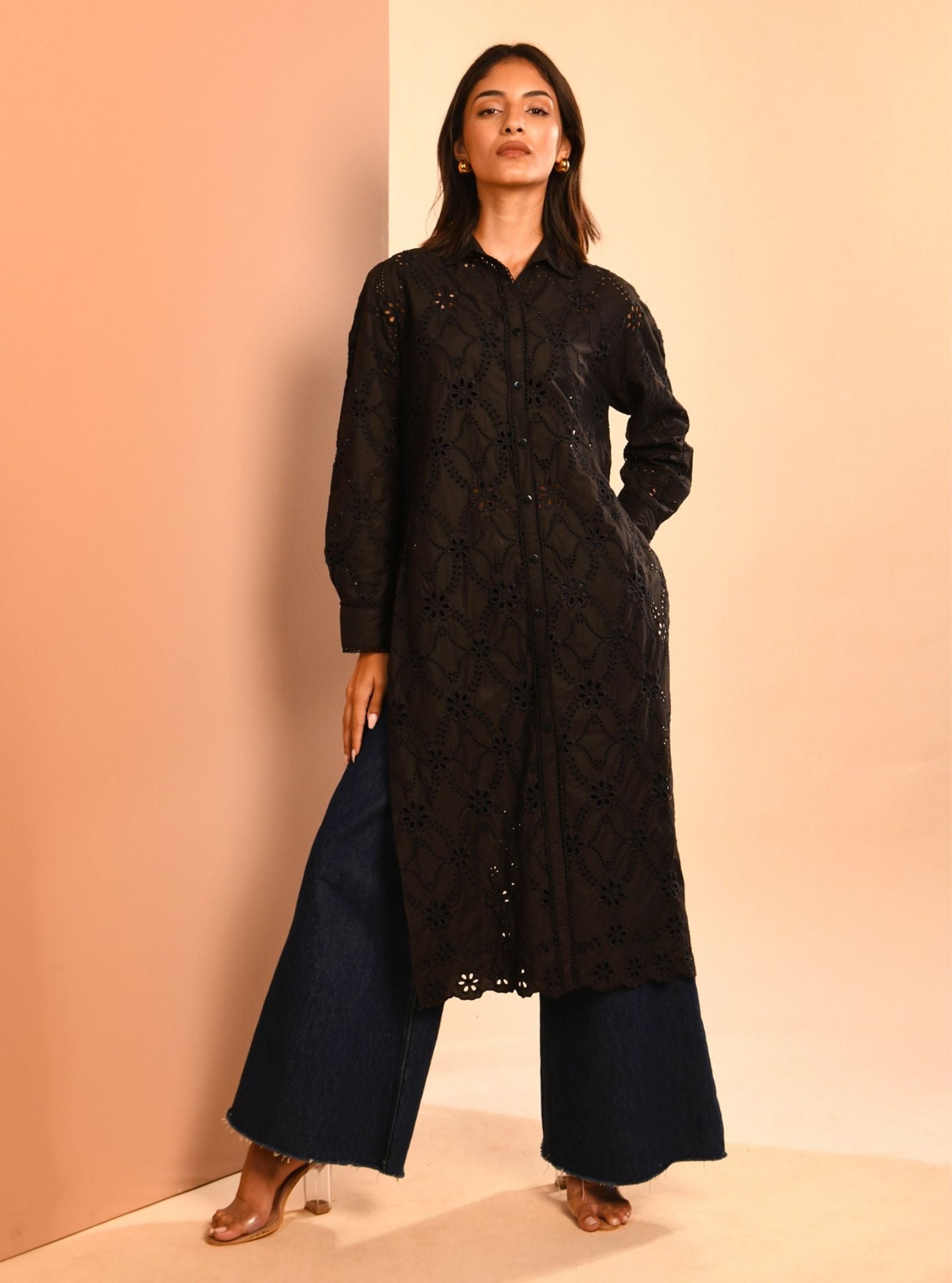 Mulmul Cotton Trix Black Long Shirt with Mulmul Cotton Trix Black Pant