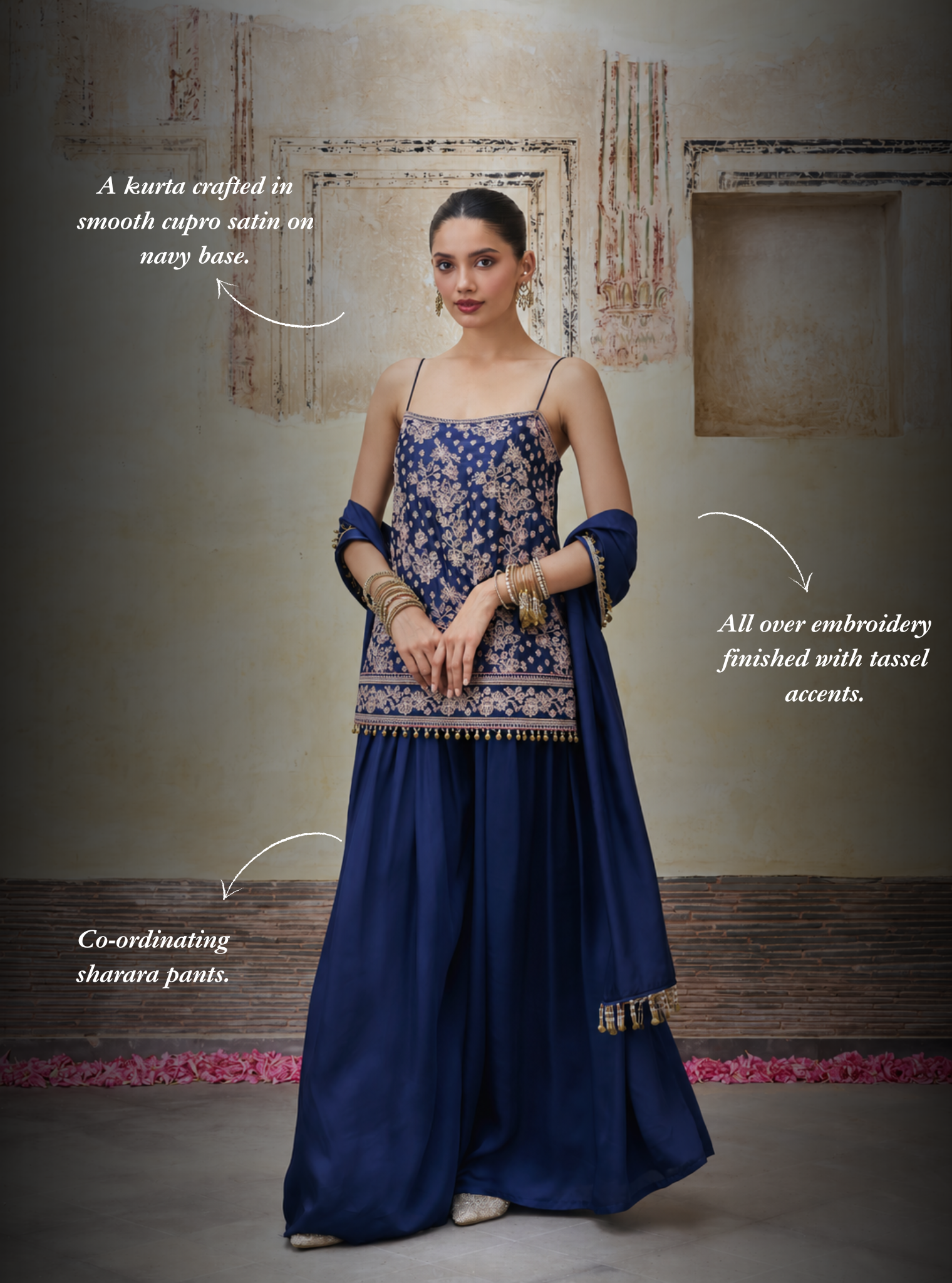 Aangan Cupro Satin Navy Sharara Set