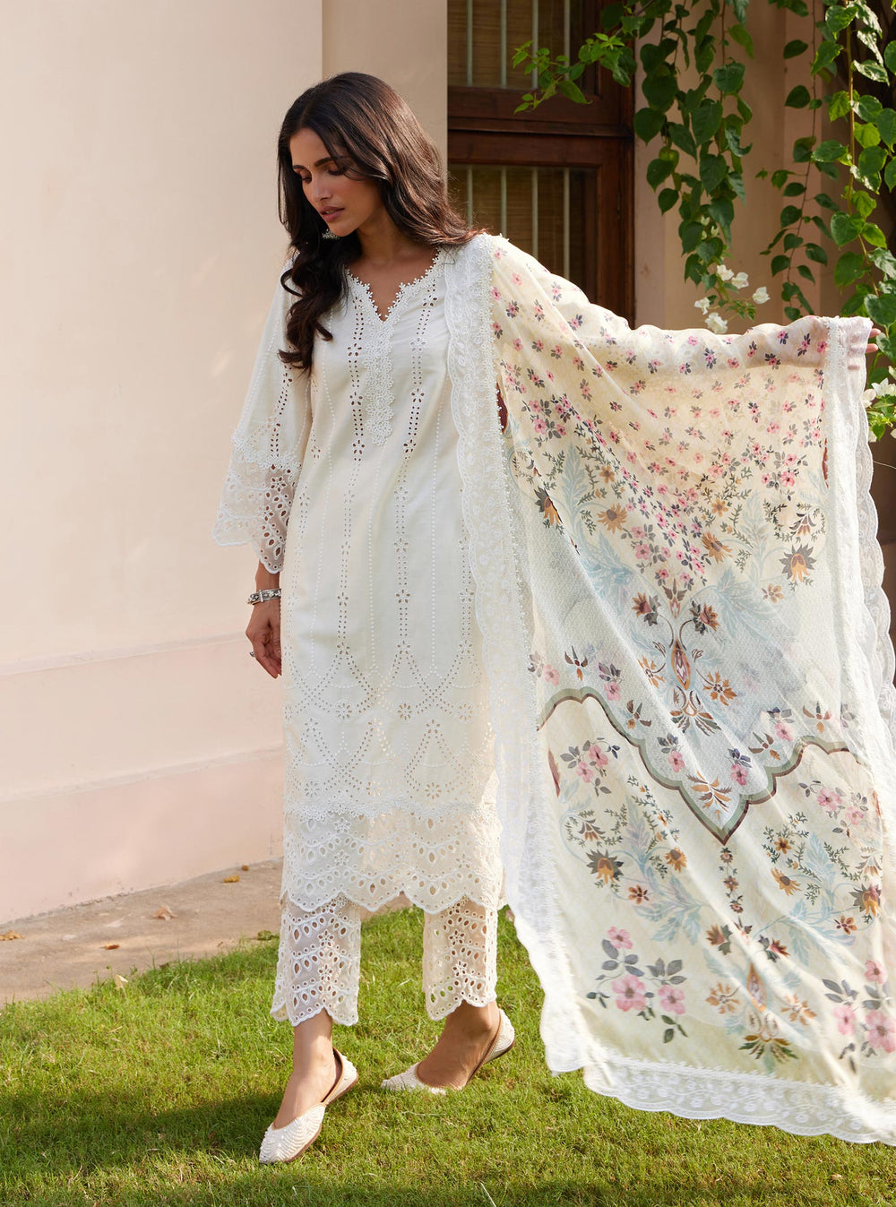 Mulmul Pima Satin Sol Off White Kurta With Sol Off White Pyajama main image 1