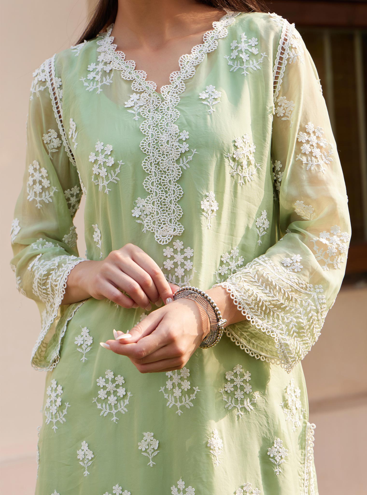 Mulmul Organza Aruni Green Kurta with Mulmul Pima Aruni Green Pant