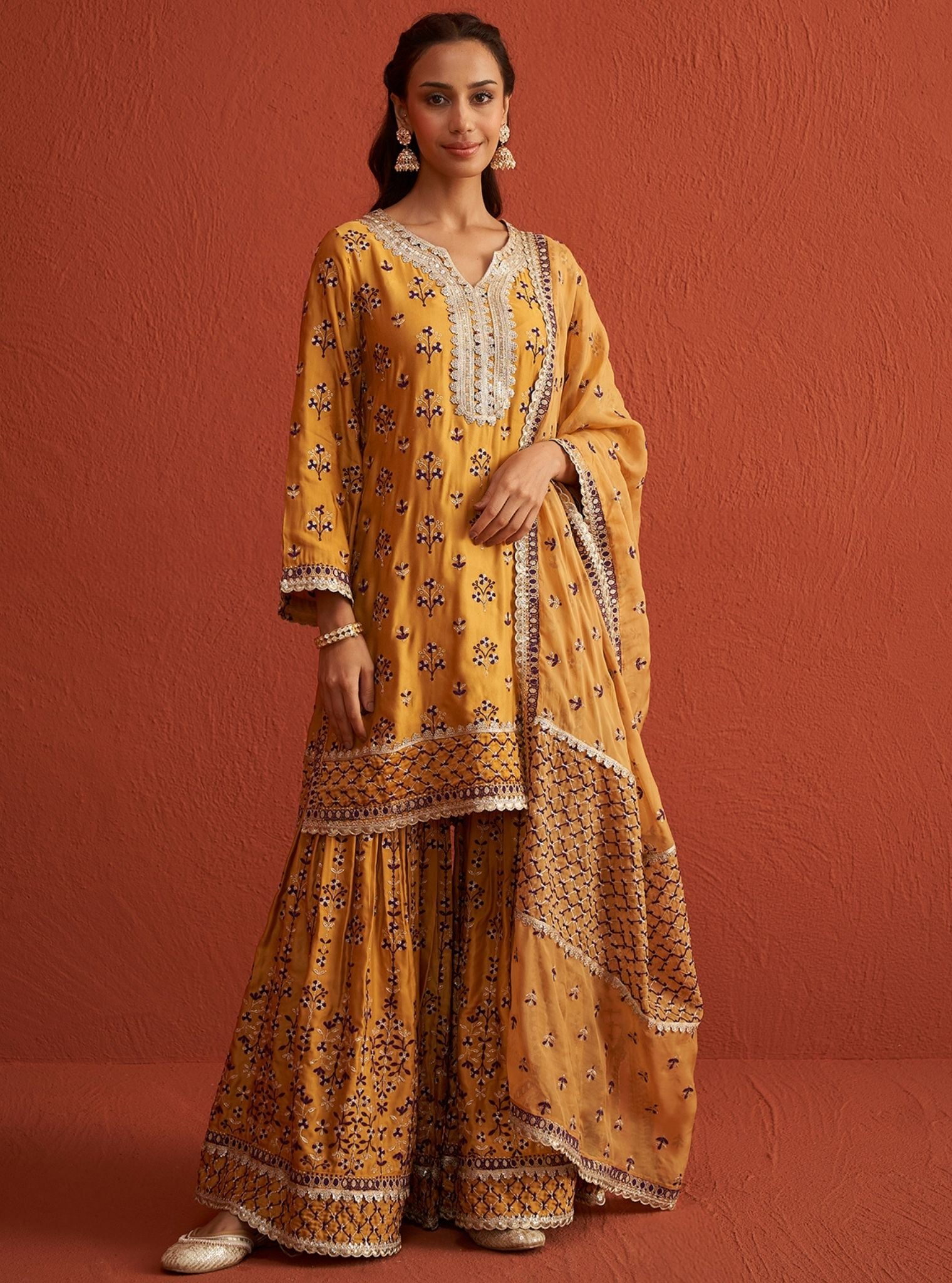 Mulmul Bemberg Satin Mahiya Mustard Kurta With Mulmul Bemberg Satin Mahiya Mustard Garara