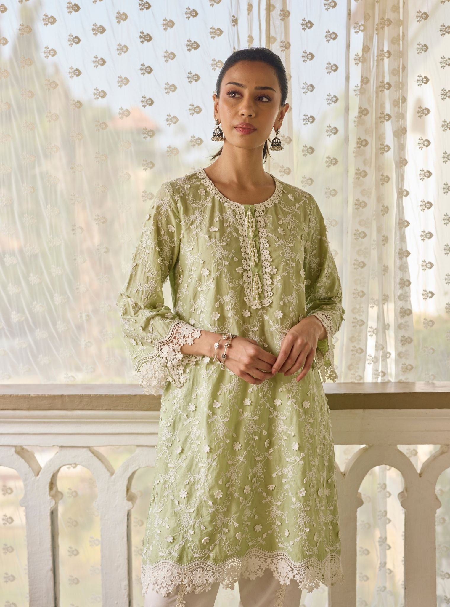 BayBreeze Supima Cotton Green Kurta with Aelira White Dhoti Pant Set