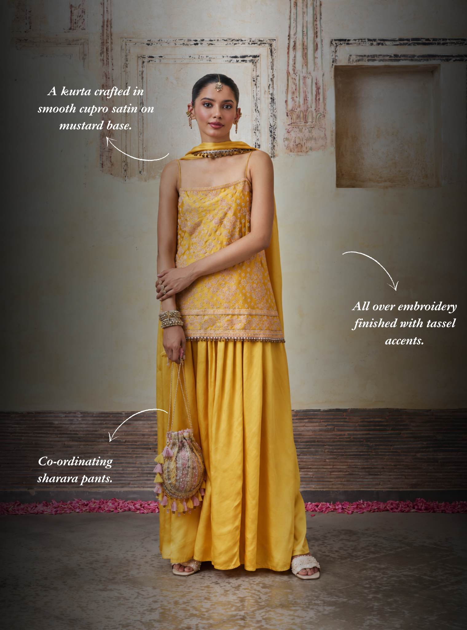 Aangan Cupro Satin Mustard Sharara Set