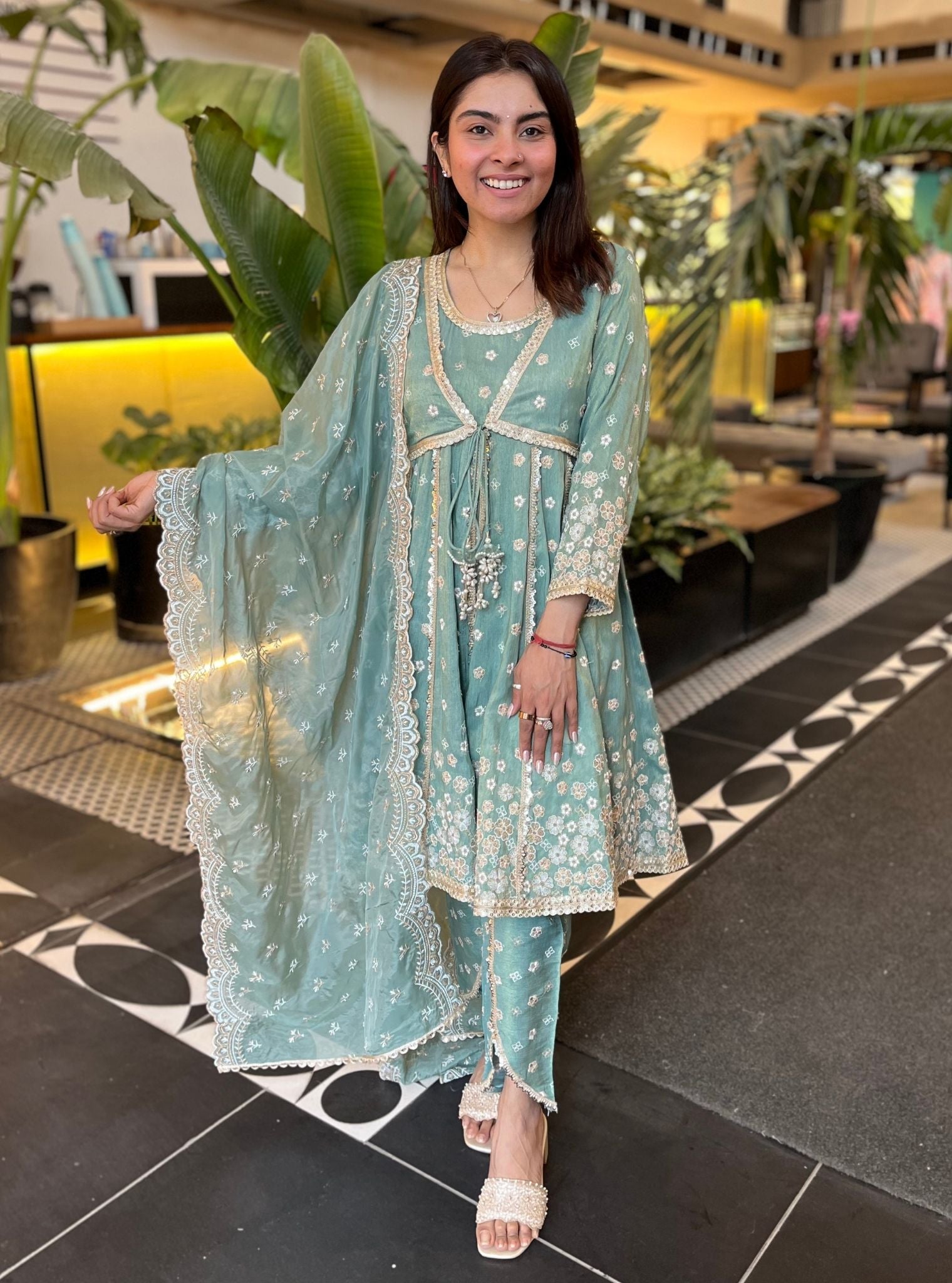 Mulmul Tissue Satin Sajeya Teal Blue Anarkali Kurta with Mulmul Luxe Tissue Satin Sajeya Teal Blue Dhoti Pant