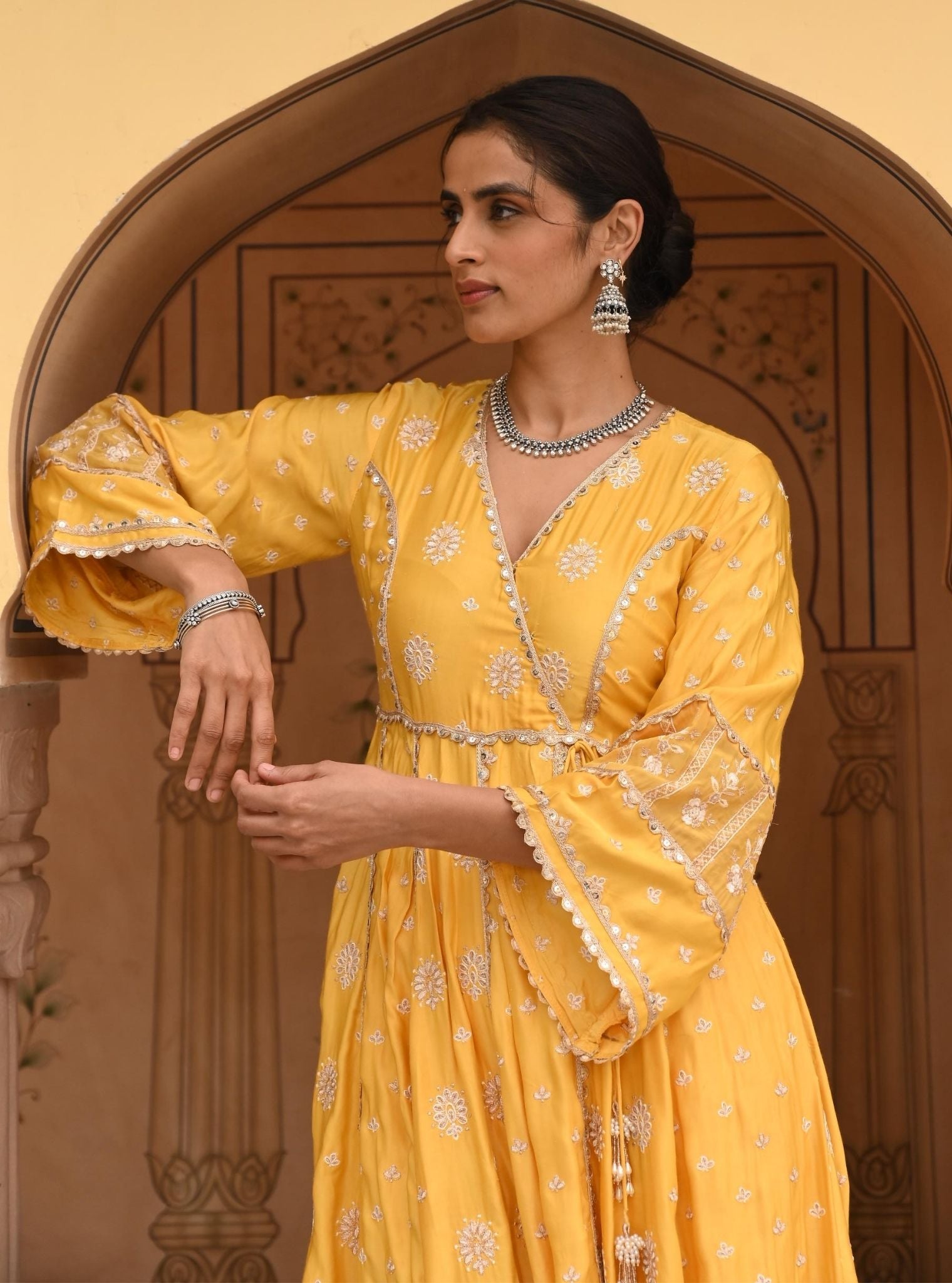 Mulmul Luxe Satin Chaiyya Yellow Anarkali Kurta with Mulmul Luxe Satin Chaiyya Yellow Pant