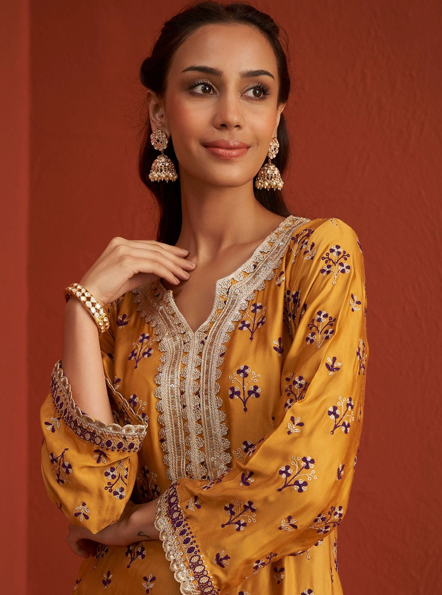 Mulmul Bemberg Satin Mahiya Mustard Kurta With Mulmul Bemberg Satin Mahiya Mustard Garara