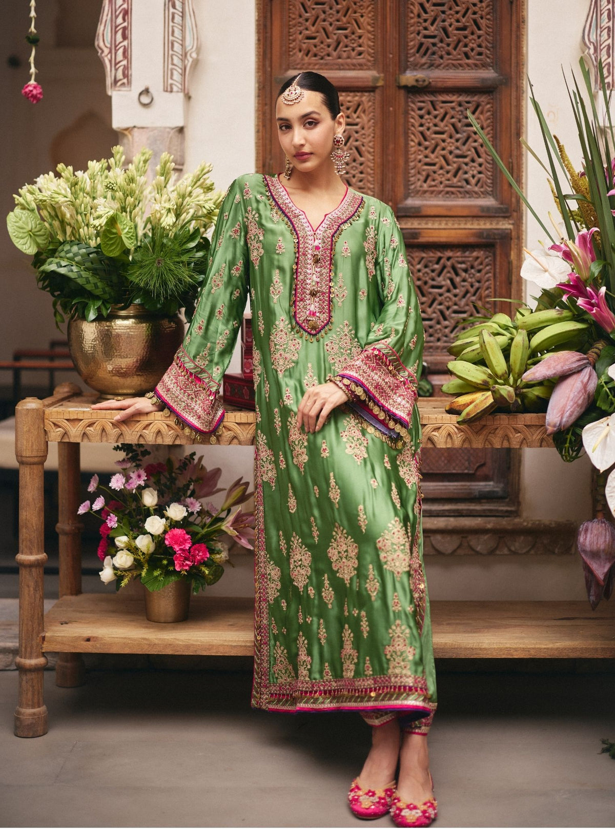 Koyal Cupro Satin Matcha Green Kaftan Set