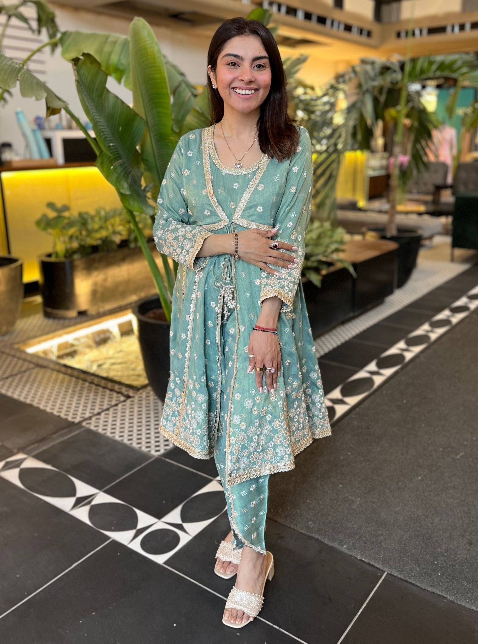 Mulmul Tissue Satin Sajeya Teal Blue Anarkali Kurta with Mulmul Luxe Tissue Satin Sajeya Teal Blue Dhoti Pant