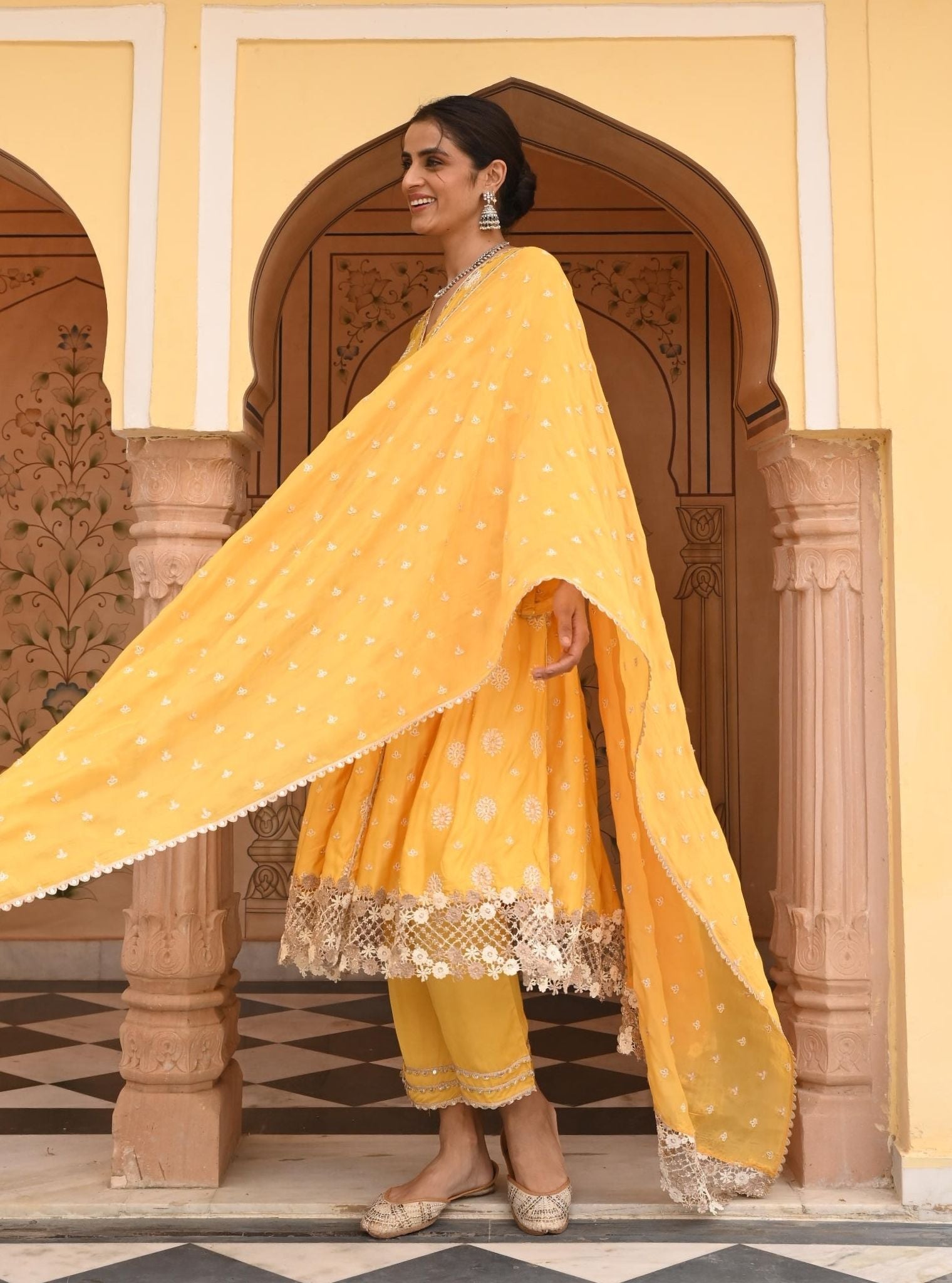 Mulmul Luxe Satin Chaiyya Yellow Anarkali Kurta with Mulmul Luxe Satin Chaiyya Yellow Pant