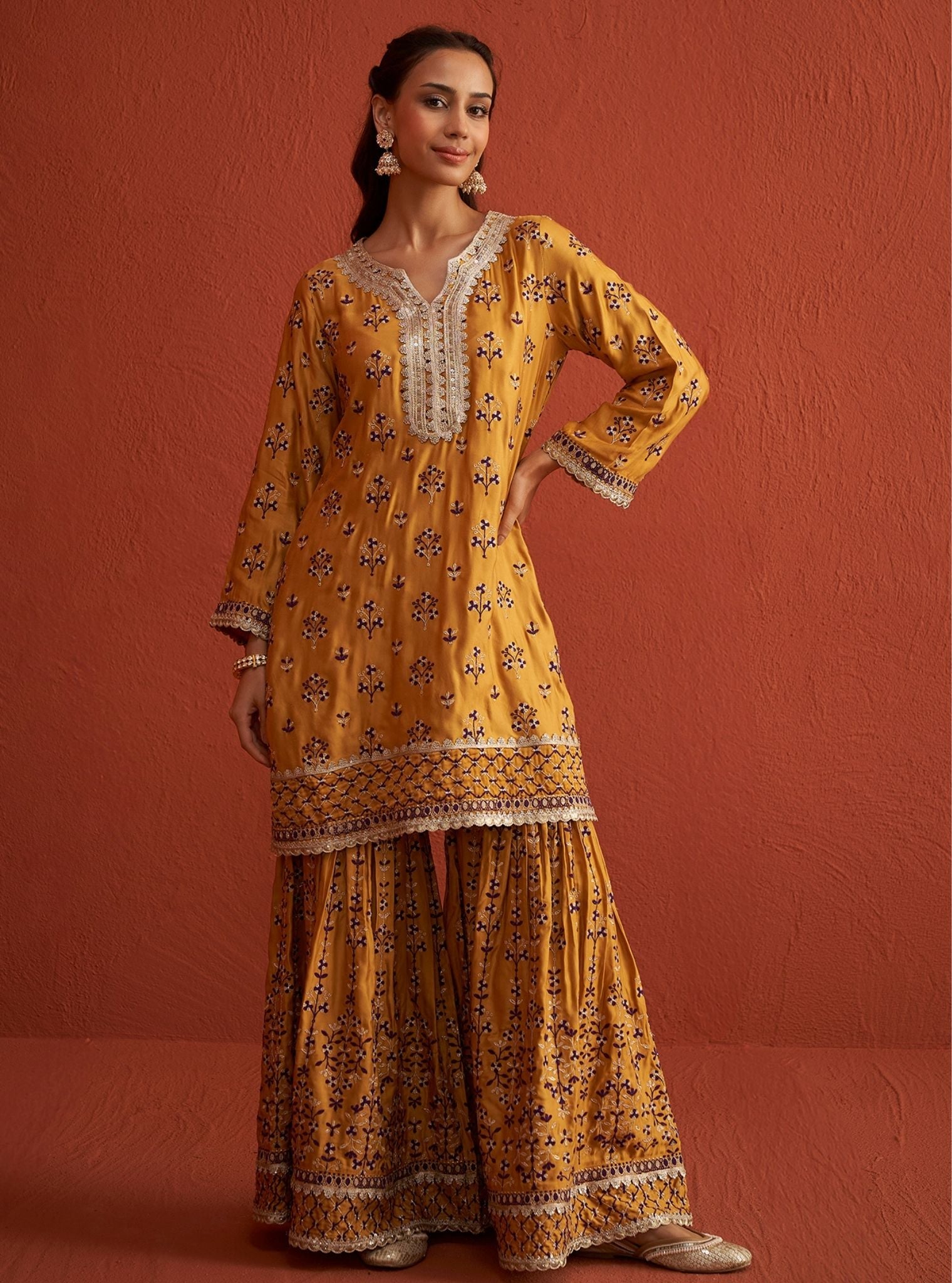 Mulmul Cupro Satin Mahiya Mustard Kurta