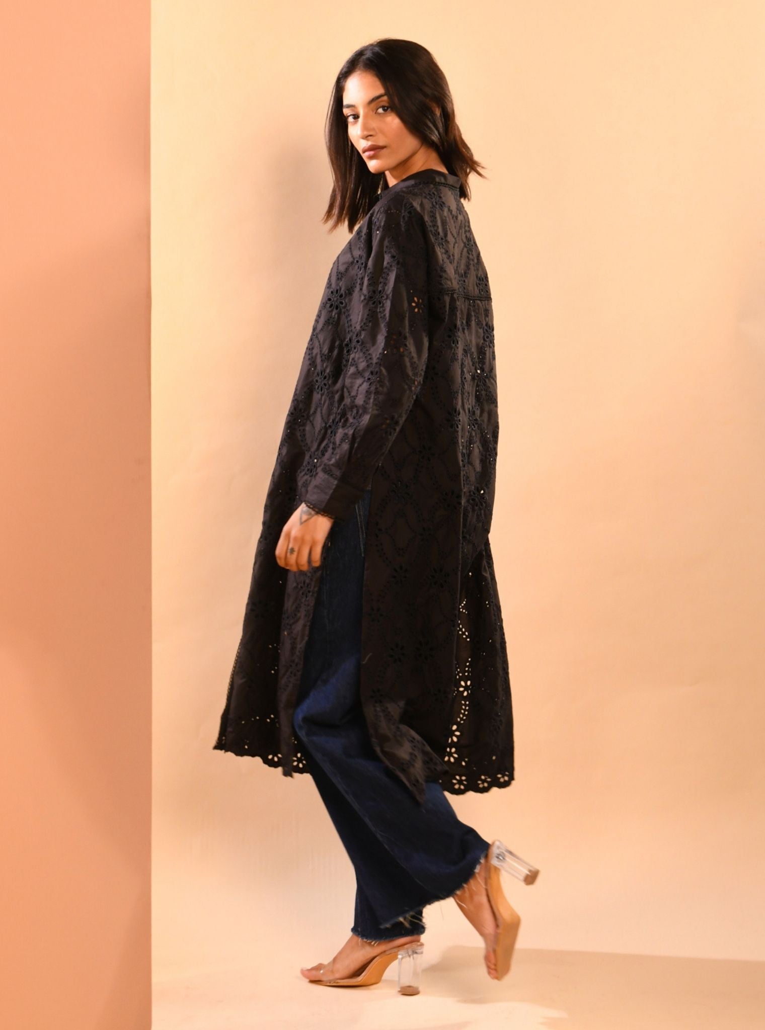 Mulmul Iconic Cotton Trix Black Long Shirt