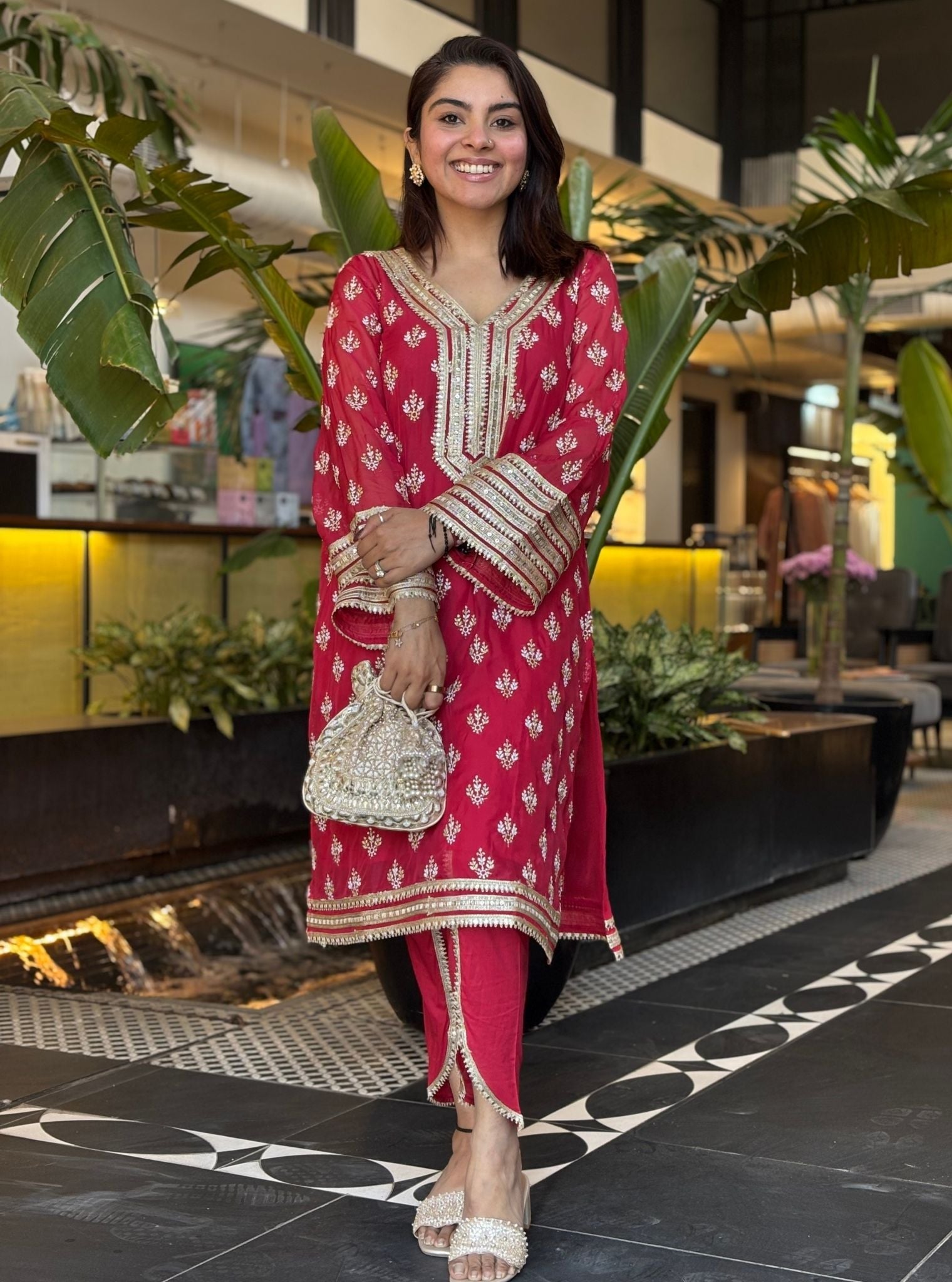 Mulmul Organza Nicia Red Kurta With Mulmul Cotton Nicia Red Dhoti Pant