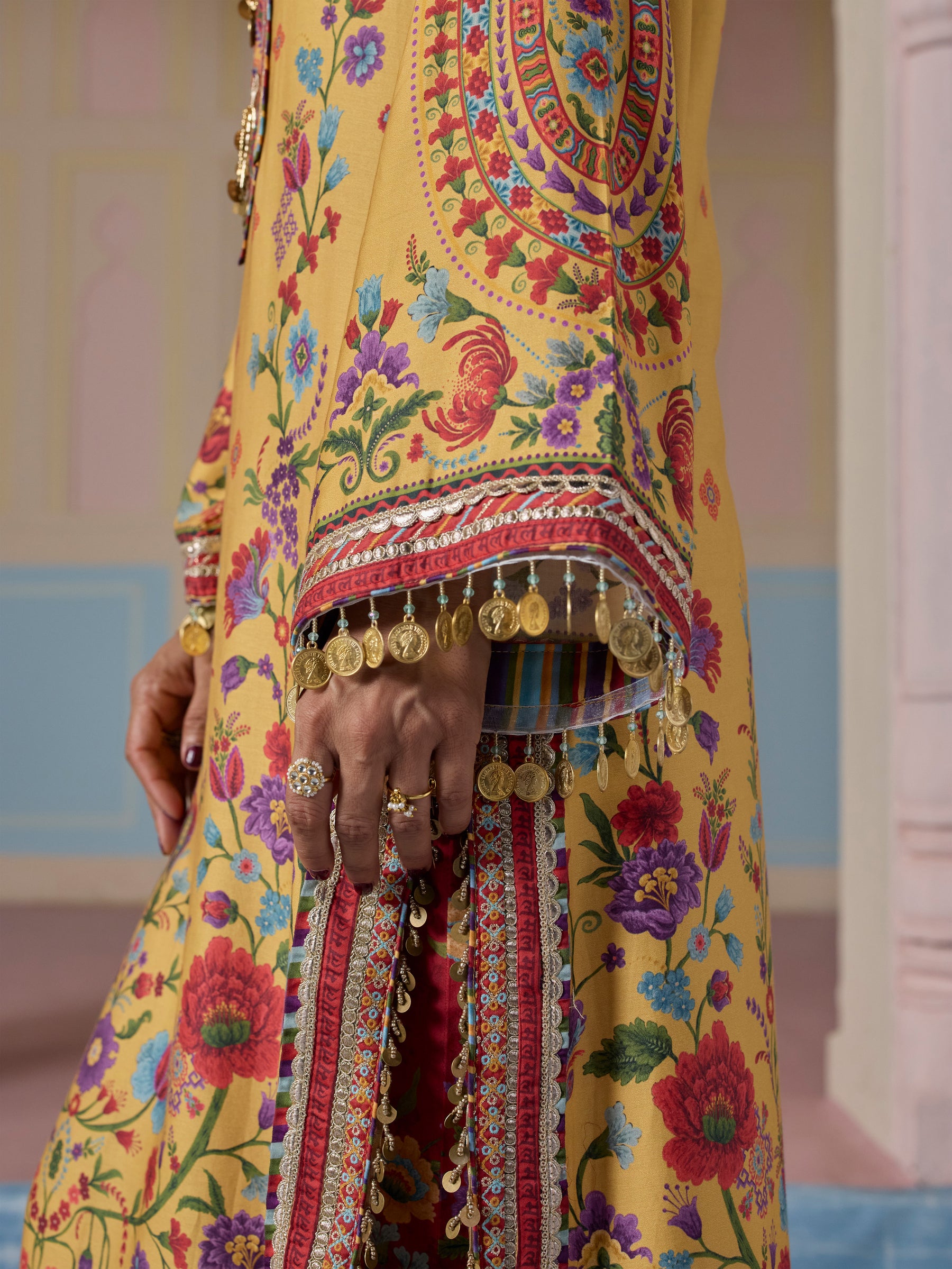 Sangi Pima Satin Printed Mustard Long Kurta Set