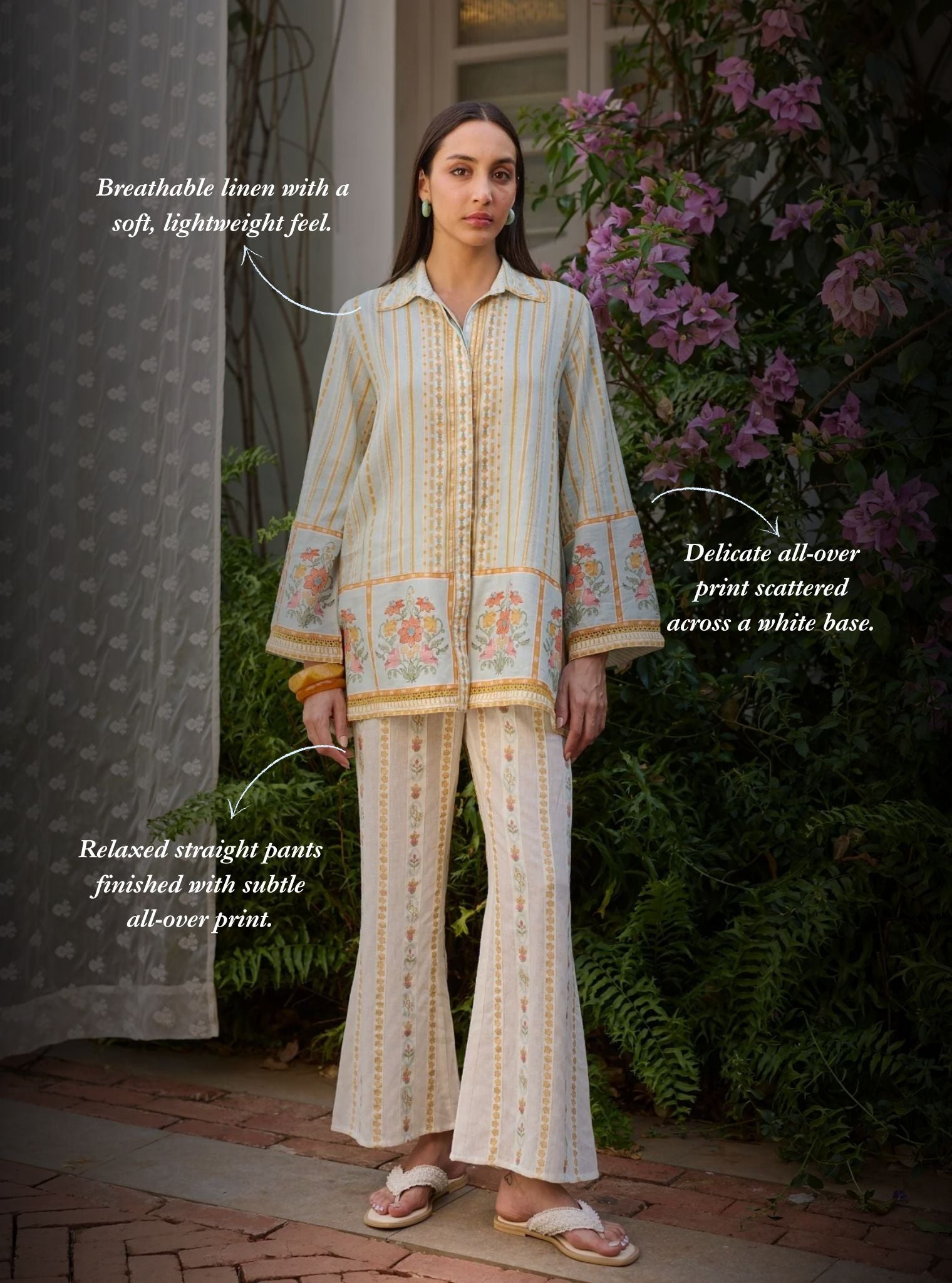 Ela Linen Printed Light Blue Shirt Set