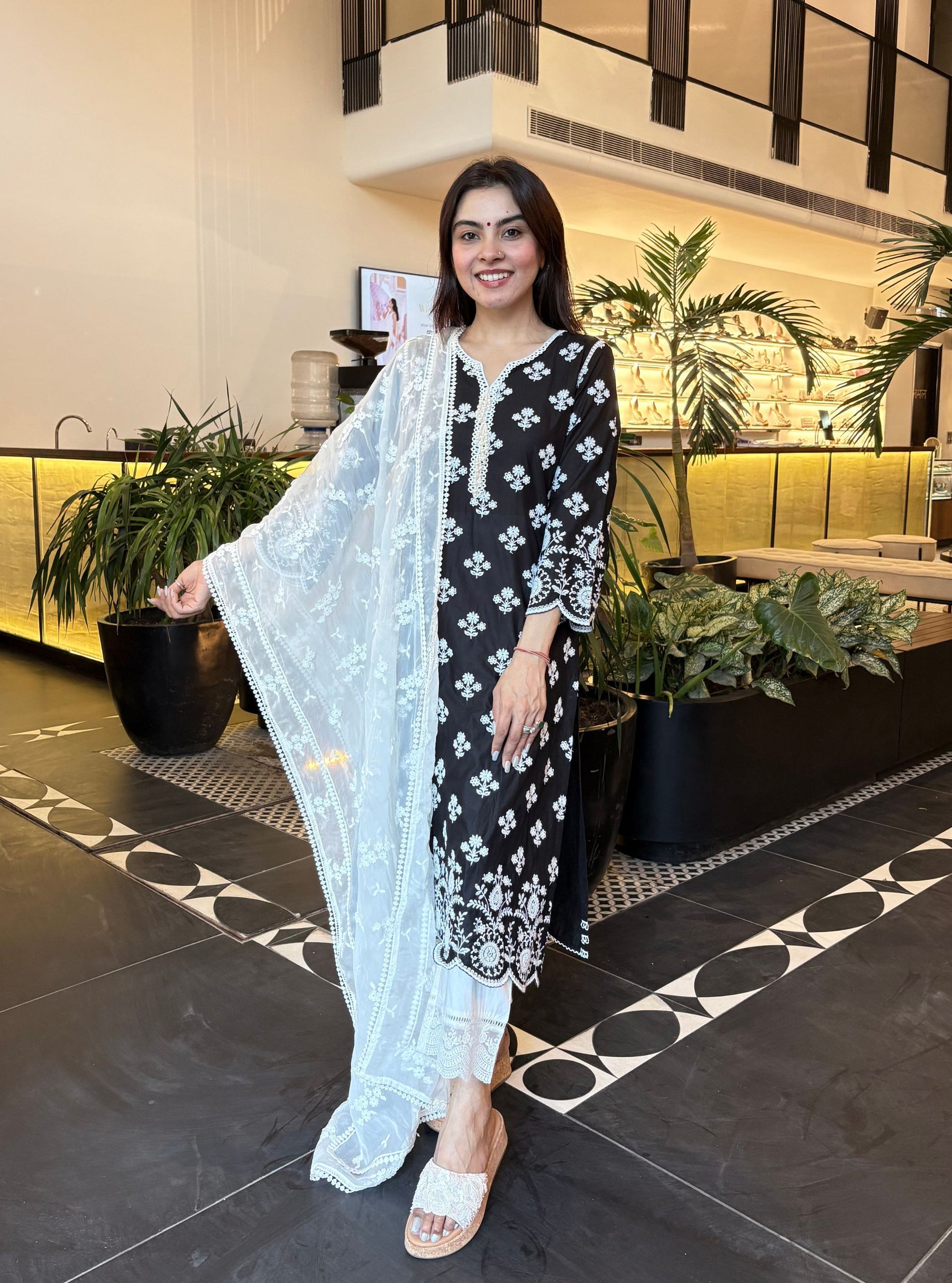 Arpora Cotton Black Kurta With Floral Organza White Pyjama