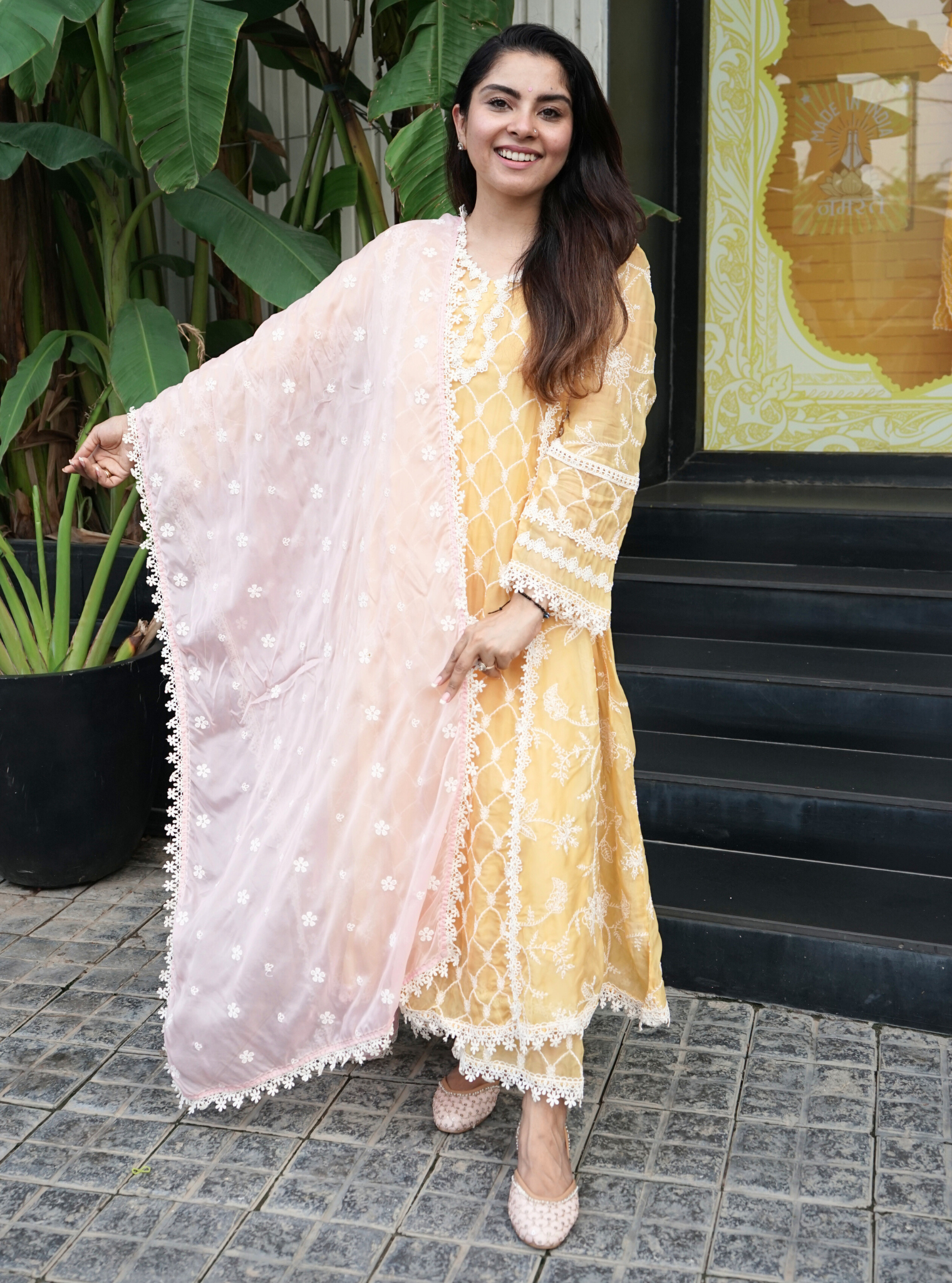 Mulmul Organza Barsin Yellow Anarkali Kurta With Mulmul Cotton Barsin Yellow Pant