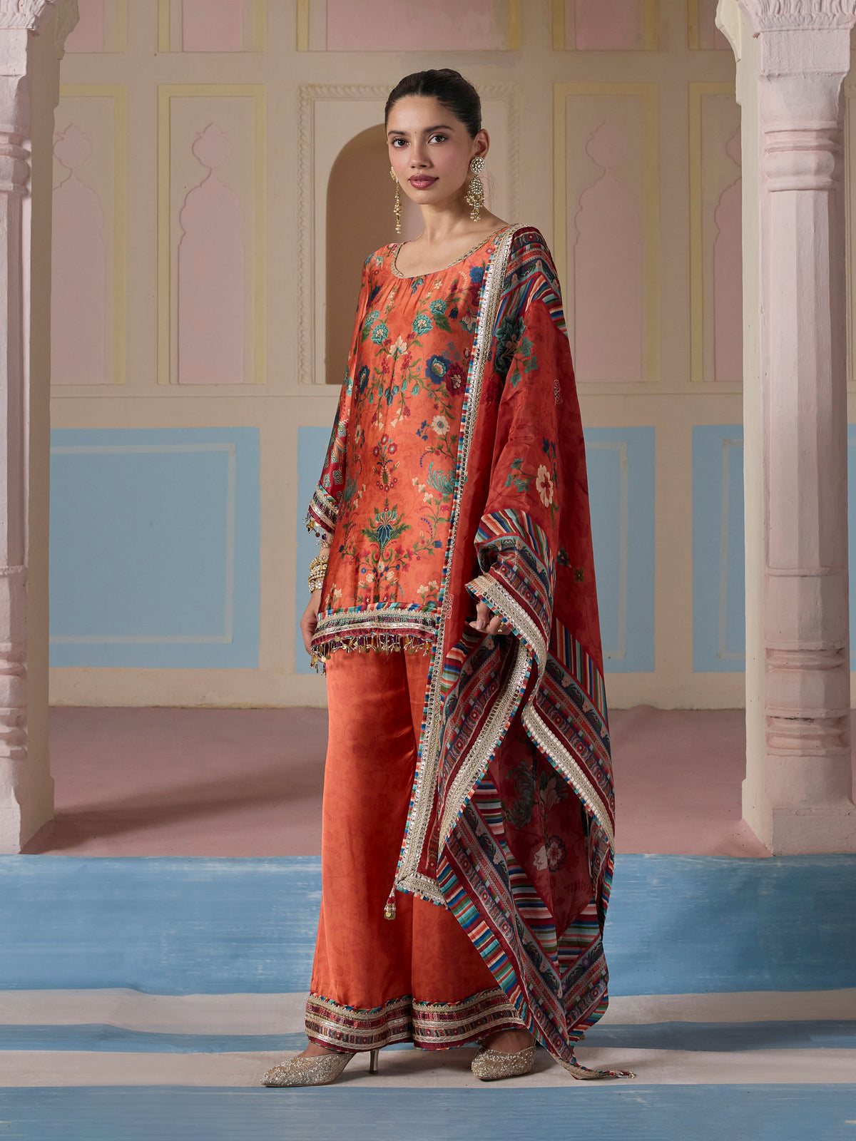 Gheva Cupro Satin Printed Orange Kurta Set