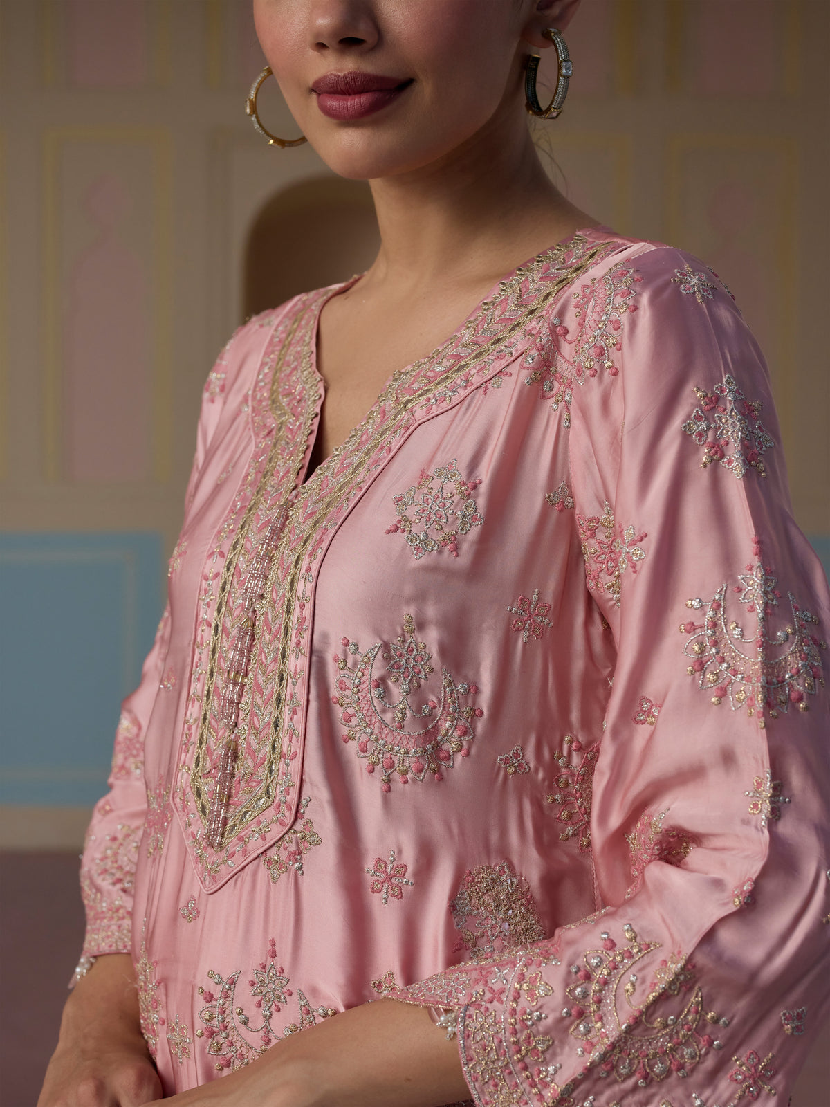 Jori Cupro Satin Pink Kurta With Farshi Salwar