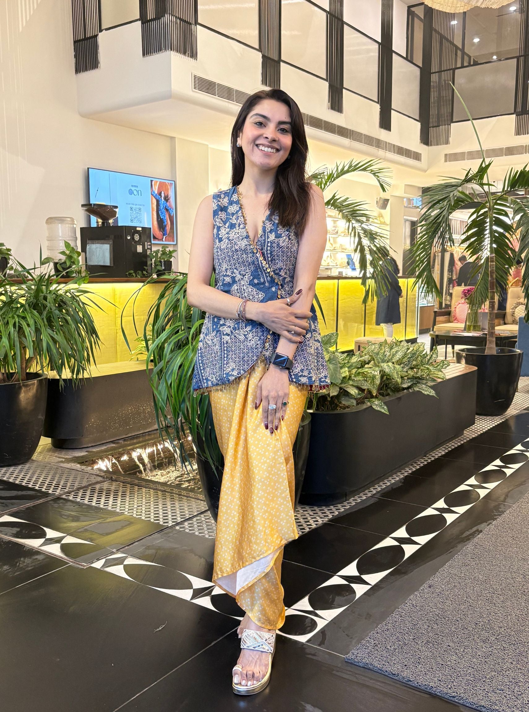 Lunira Denim Waistcoat With Cupro Satin Printed Mustard Draped Skirt