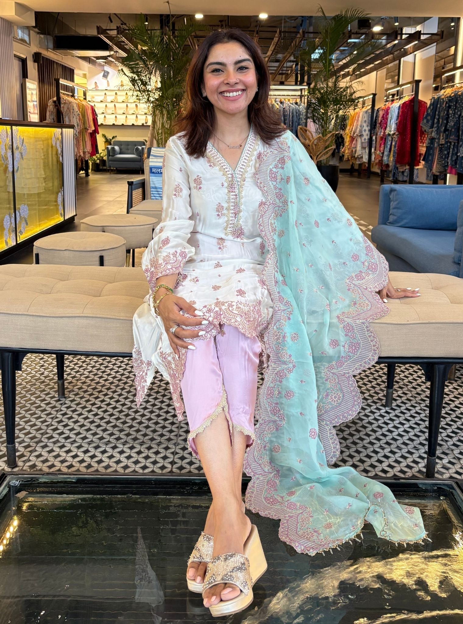 Phulkari Cupro Satin White Kurta Set