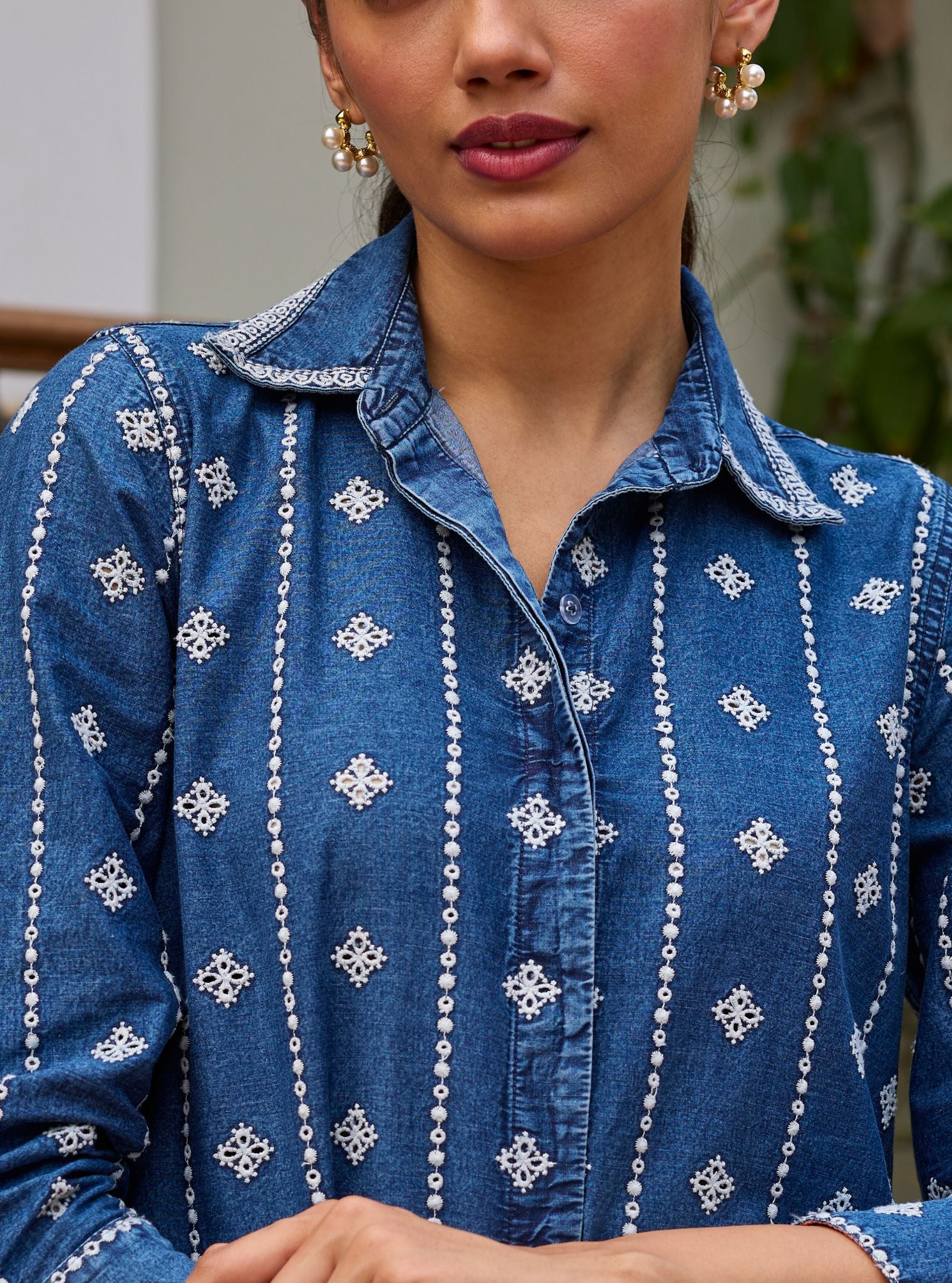 Veena Denim Long Shirt Co-ord Set