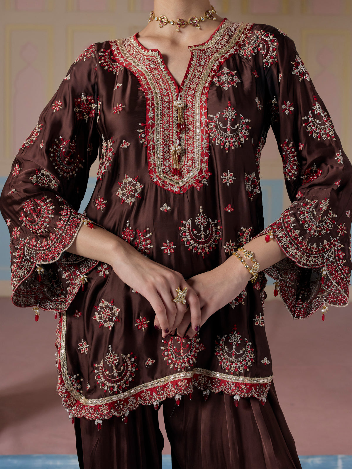 Jori Cupro Satin Brown Kurta With Farshi Salwar
