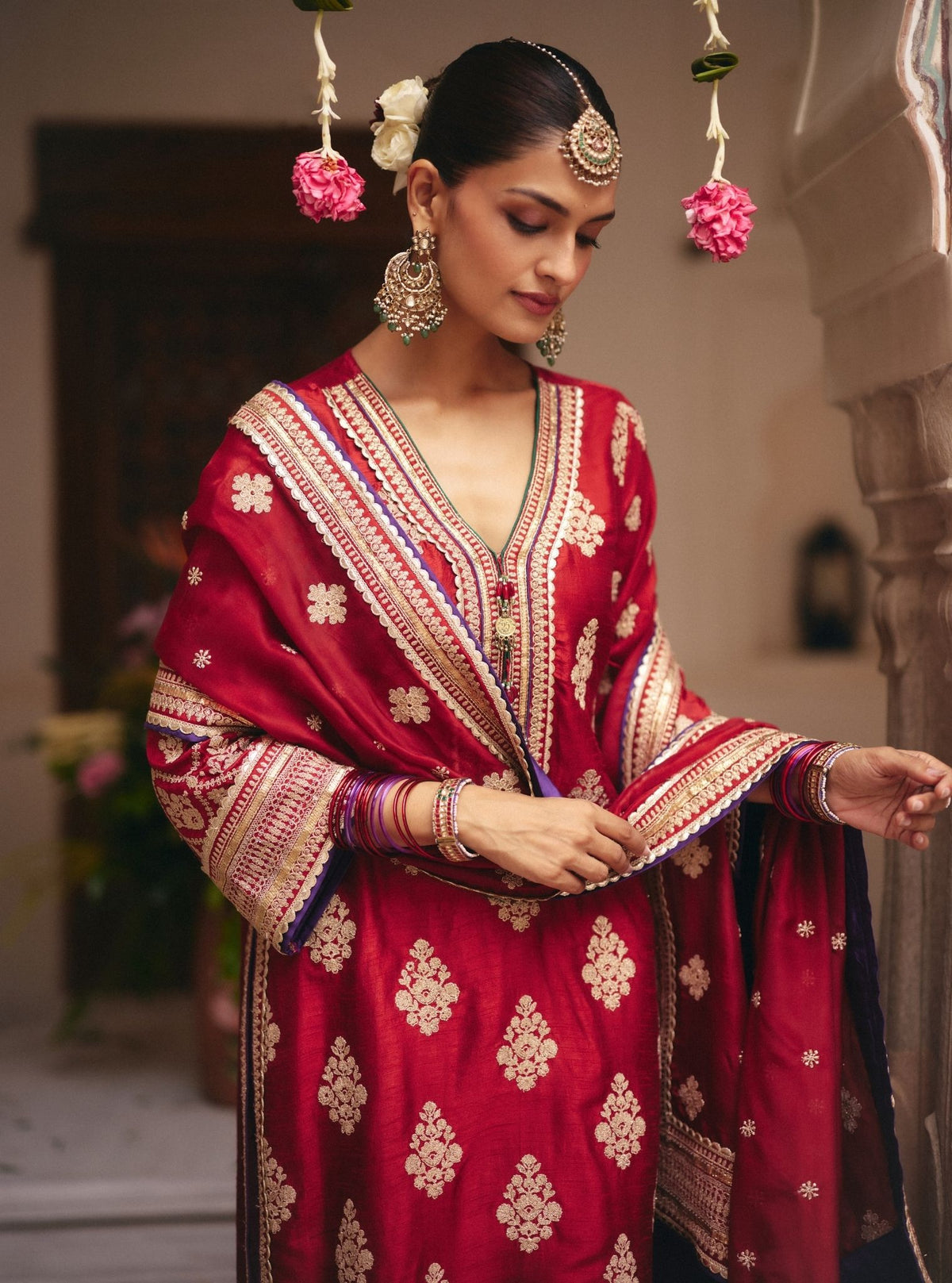 Bairi Bemberg Raw Silk Red Kurta Set