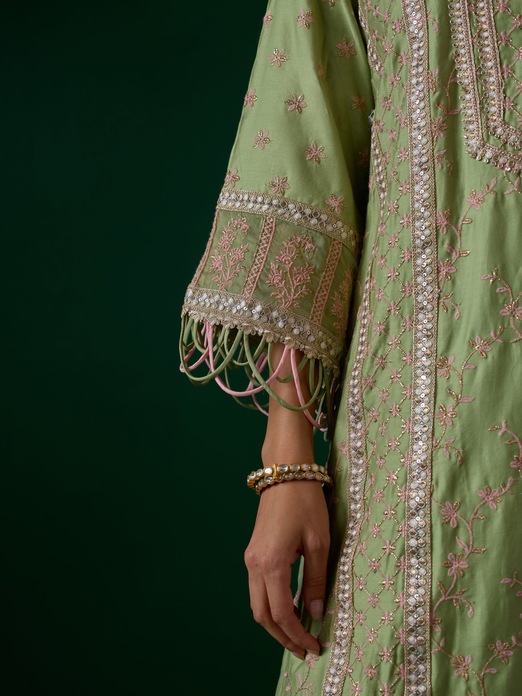 Briti Pima Satin Pista Green Kurta Set