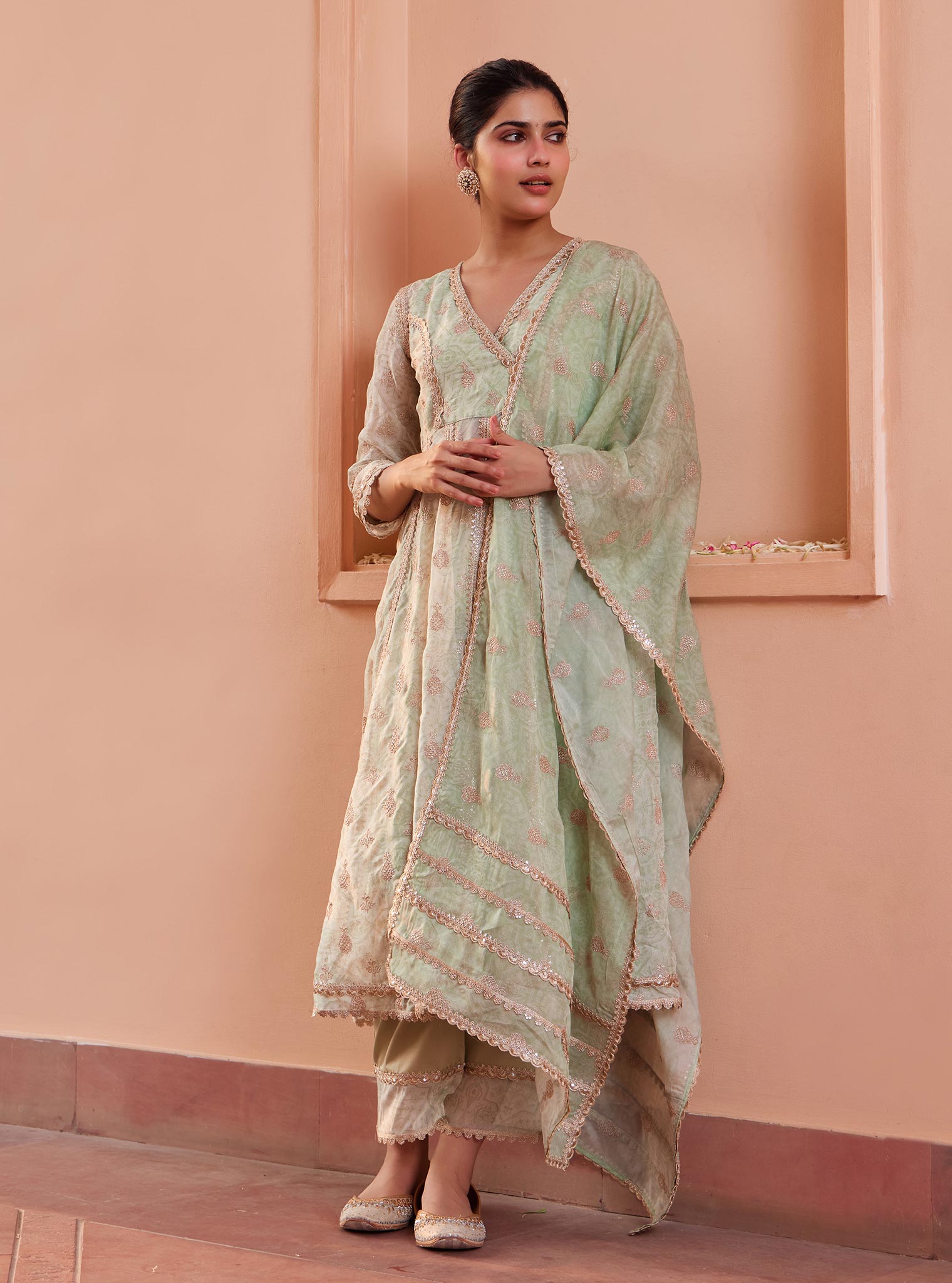 Mulmul Organza Vamsi Anarkali Green Kurta with Mulmul Pima Vamsi Green Pant