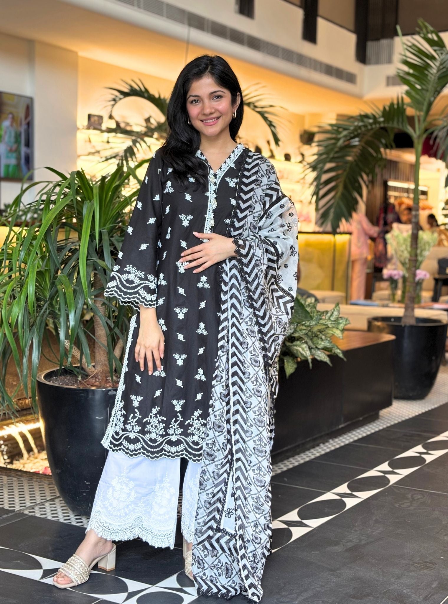 Mulmul Cotton Satari Black kurta with Emb Bellbottom White Payajama