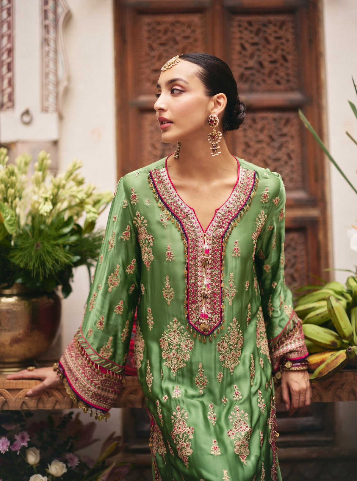 Koyal Cupro Satin Matcha Green Kaftan Set