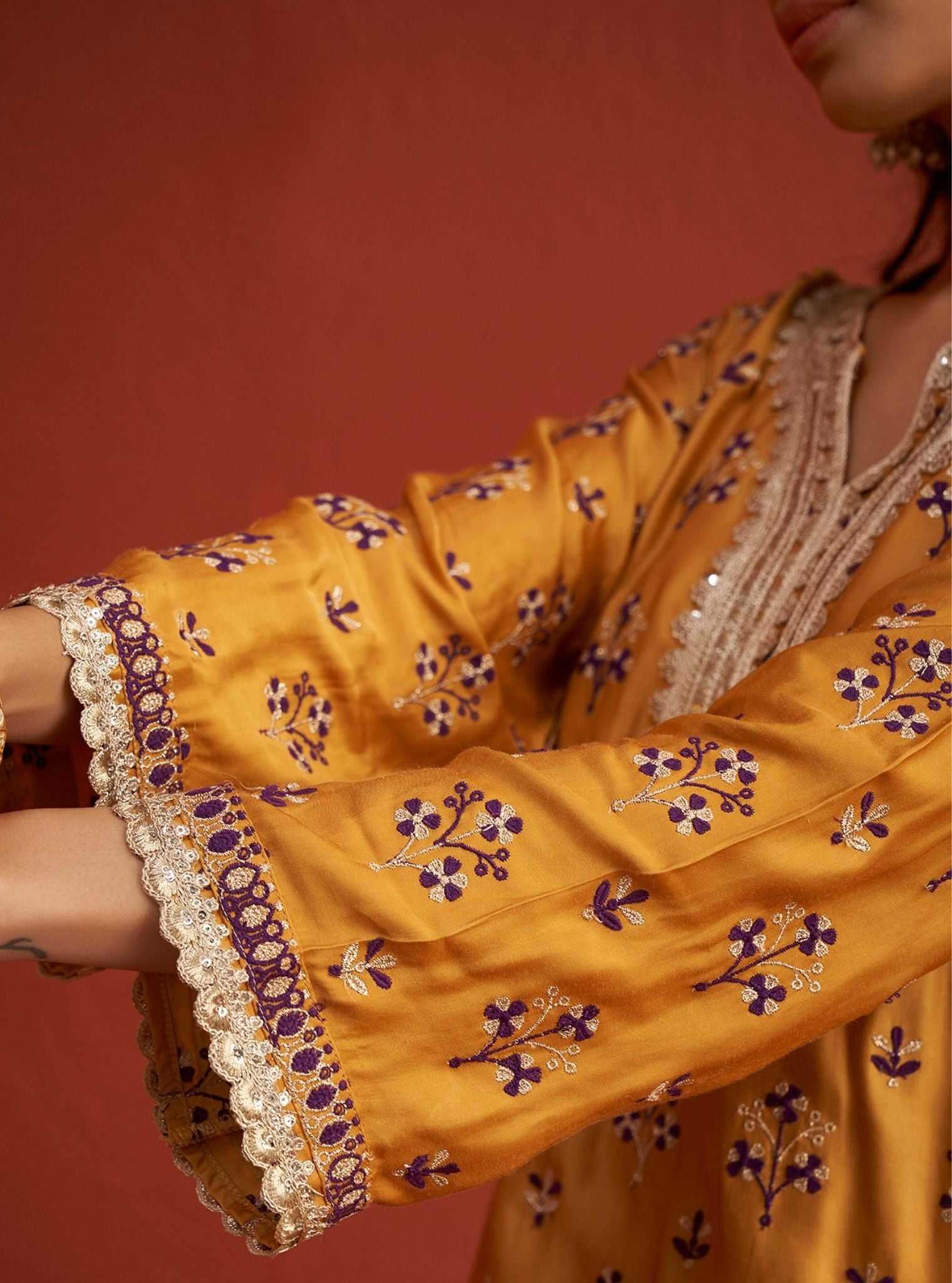 Mulmul Bemberg Satin Mahiya Mustard Kurta With Mulmul Bemberg Satin Mahiya Mustard Garara