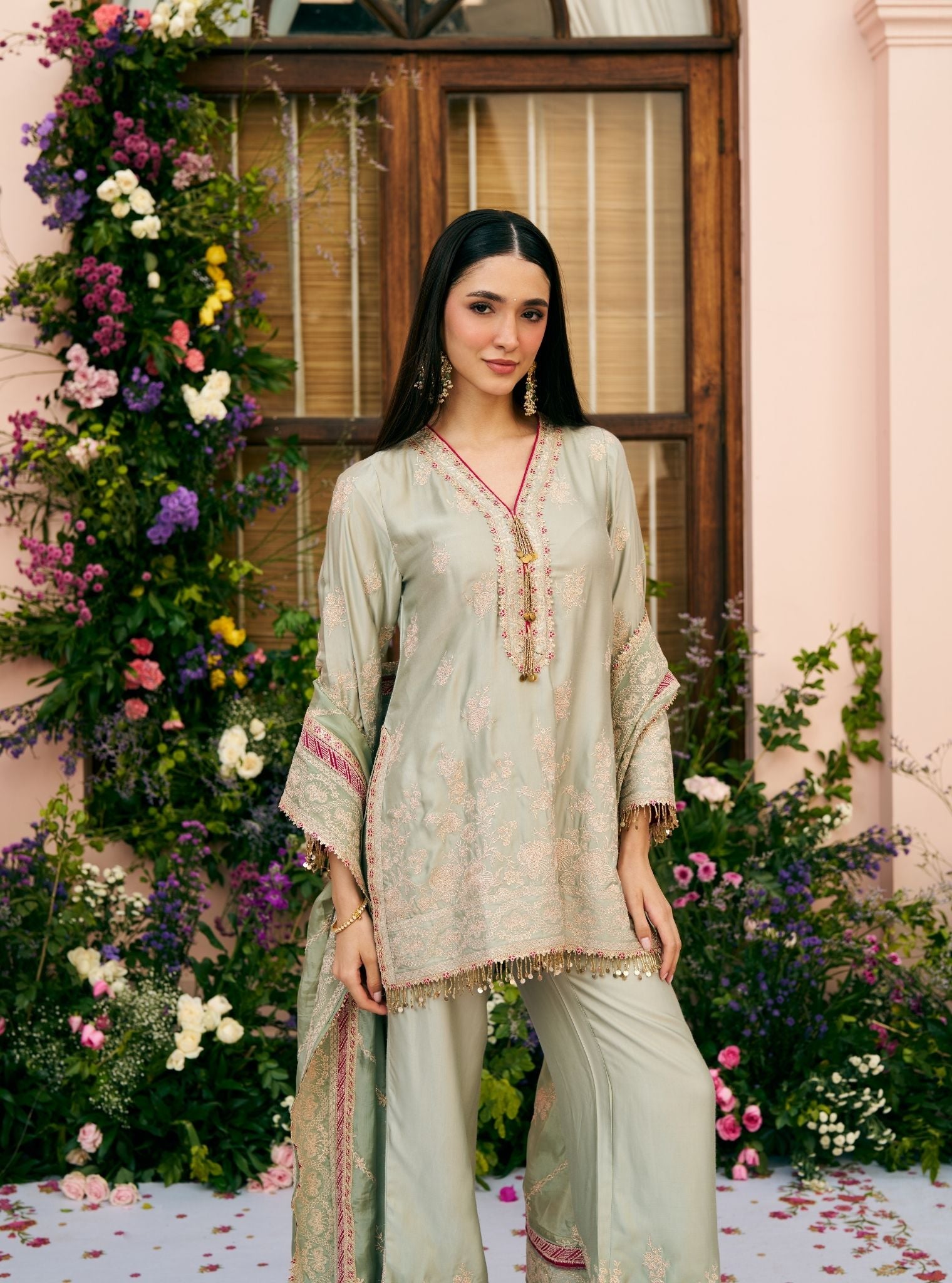 Saaj Cupro Satin Sage Green Kurta Set