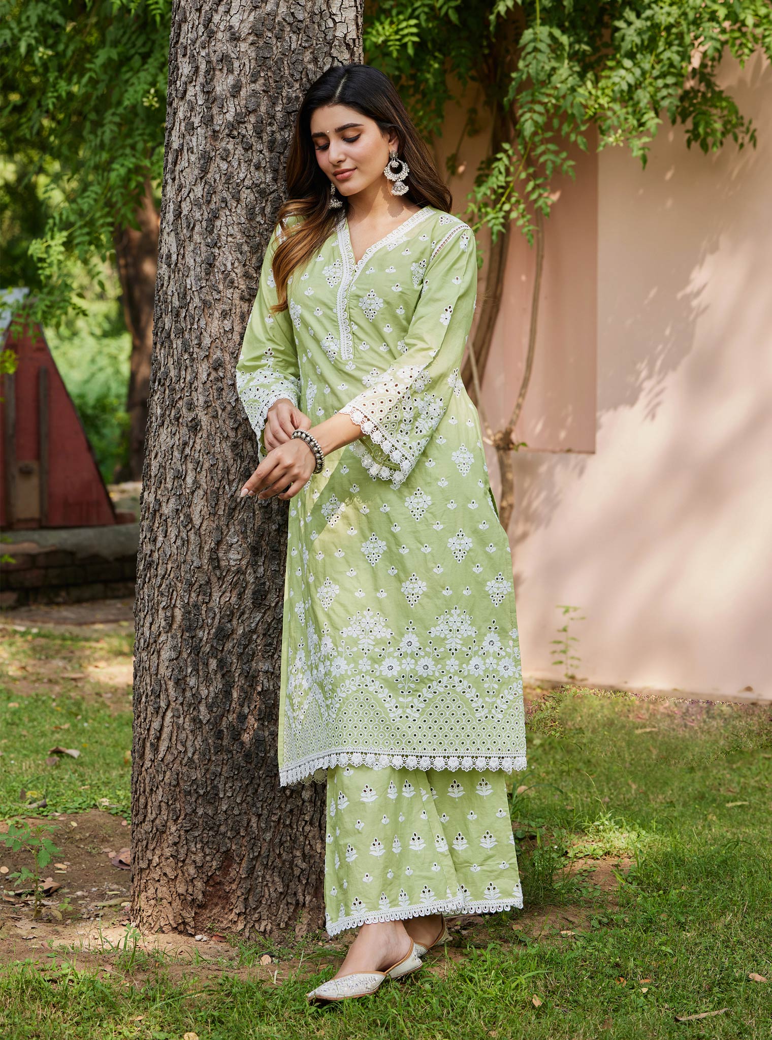 Mulmul Cotton Peehu Green Kurta