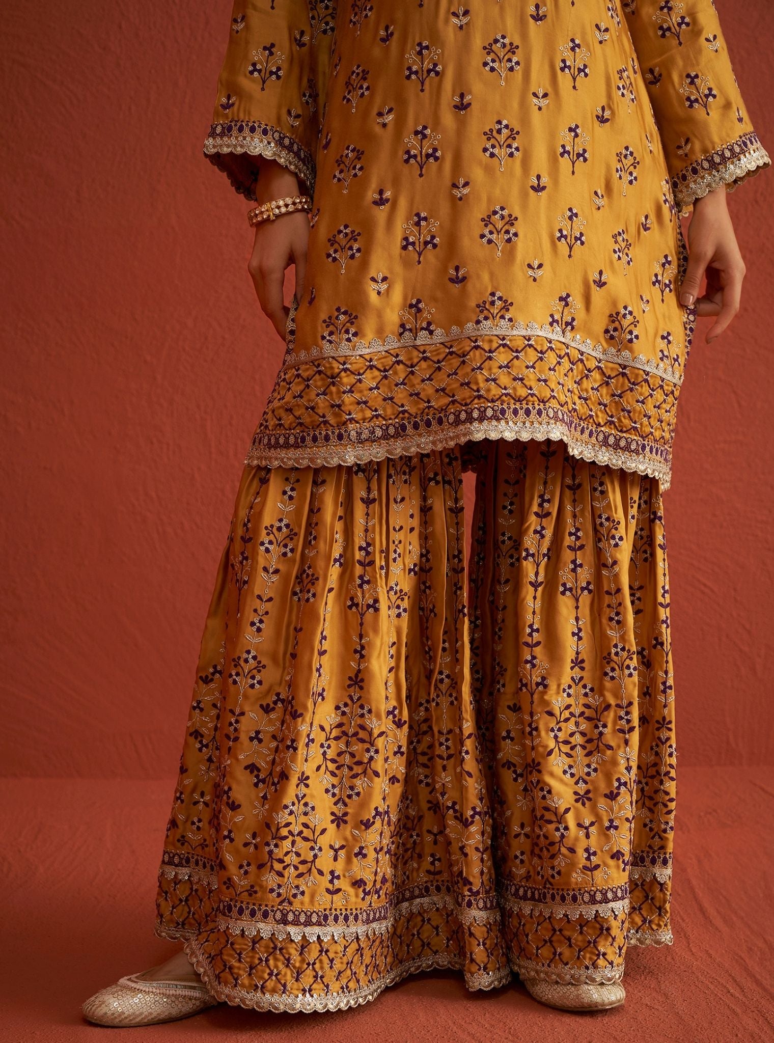 Mulmul Bemberg Satin Mahiya Mustard Kurta With Mulmul Bemberg Satin Mahiya Mustard Garara