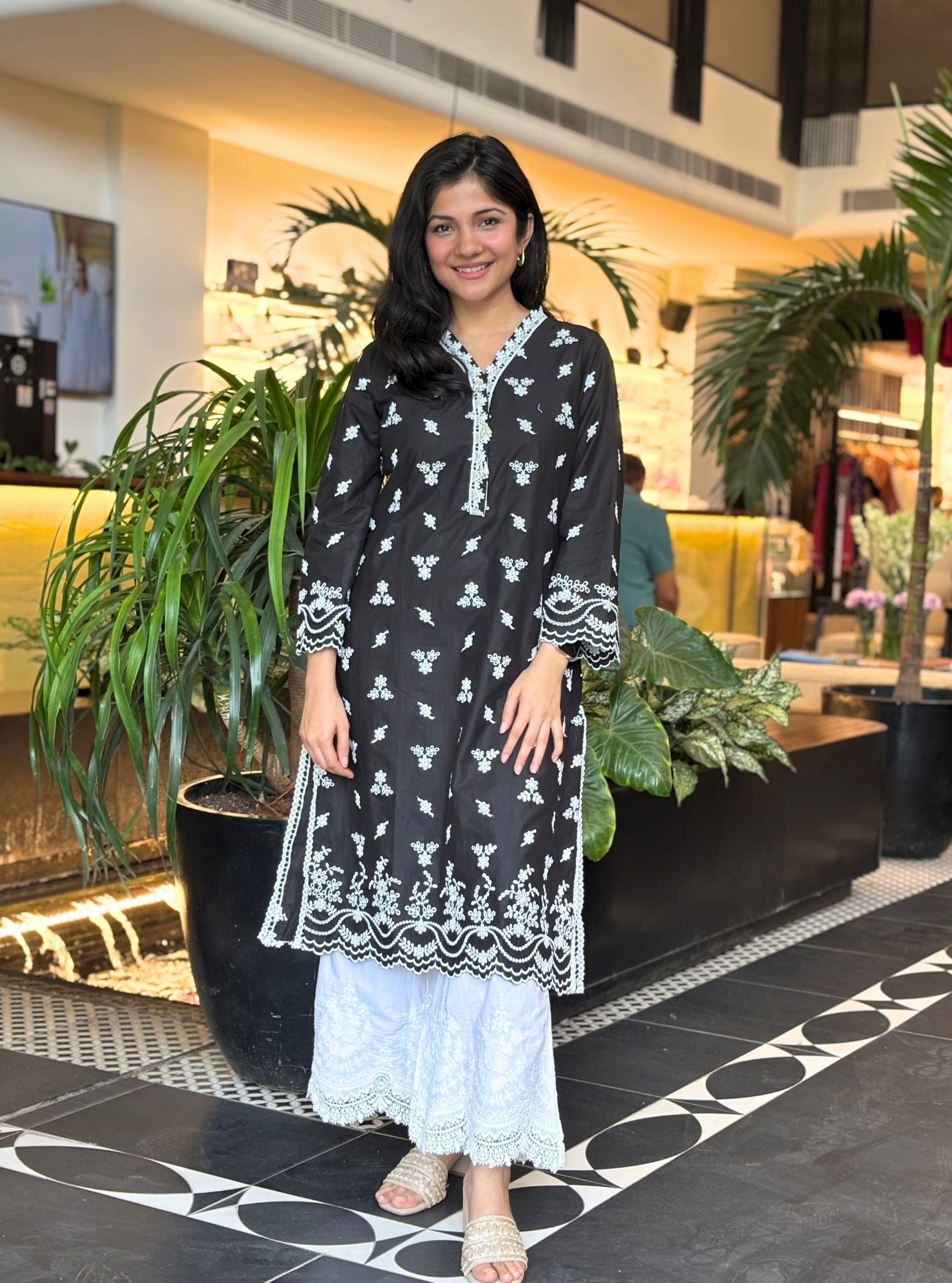 Mulmul Cotton Satari Black kurta with Emb Bellbottom White Payajama