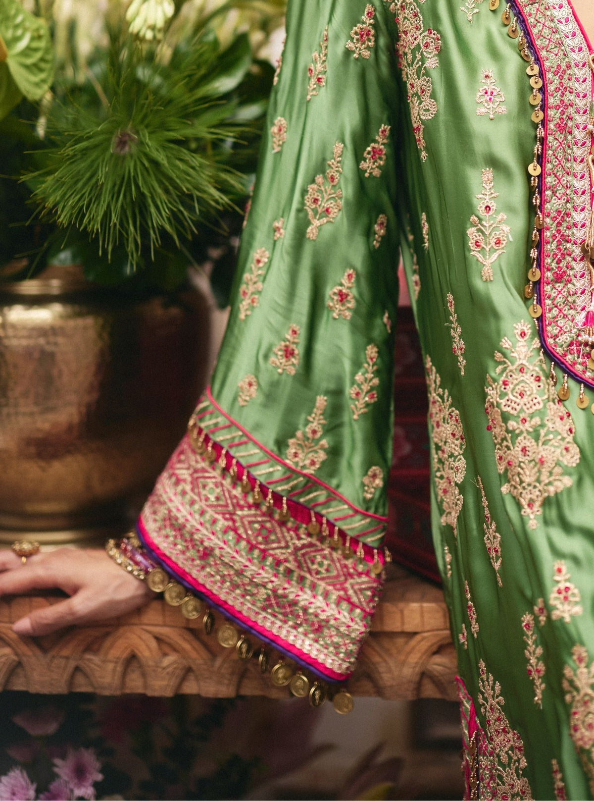 Koyal Cupro Satin Matcha Green Kaftan Set