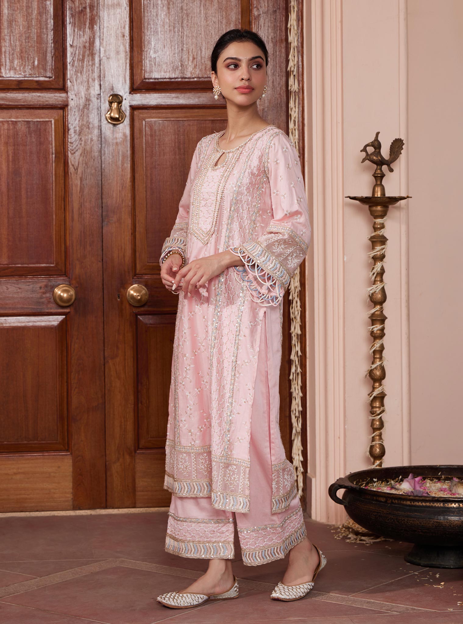 Mulmul Pima Briti Pink Kurta with Mulmul Pima Briti Pink Pant