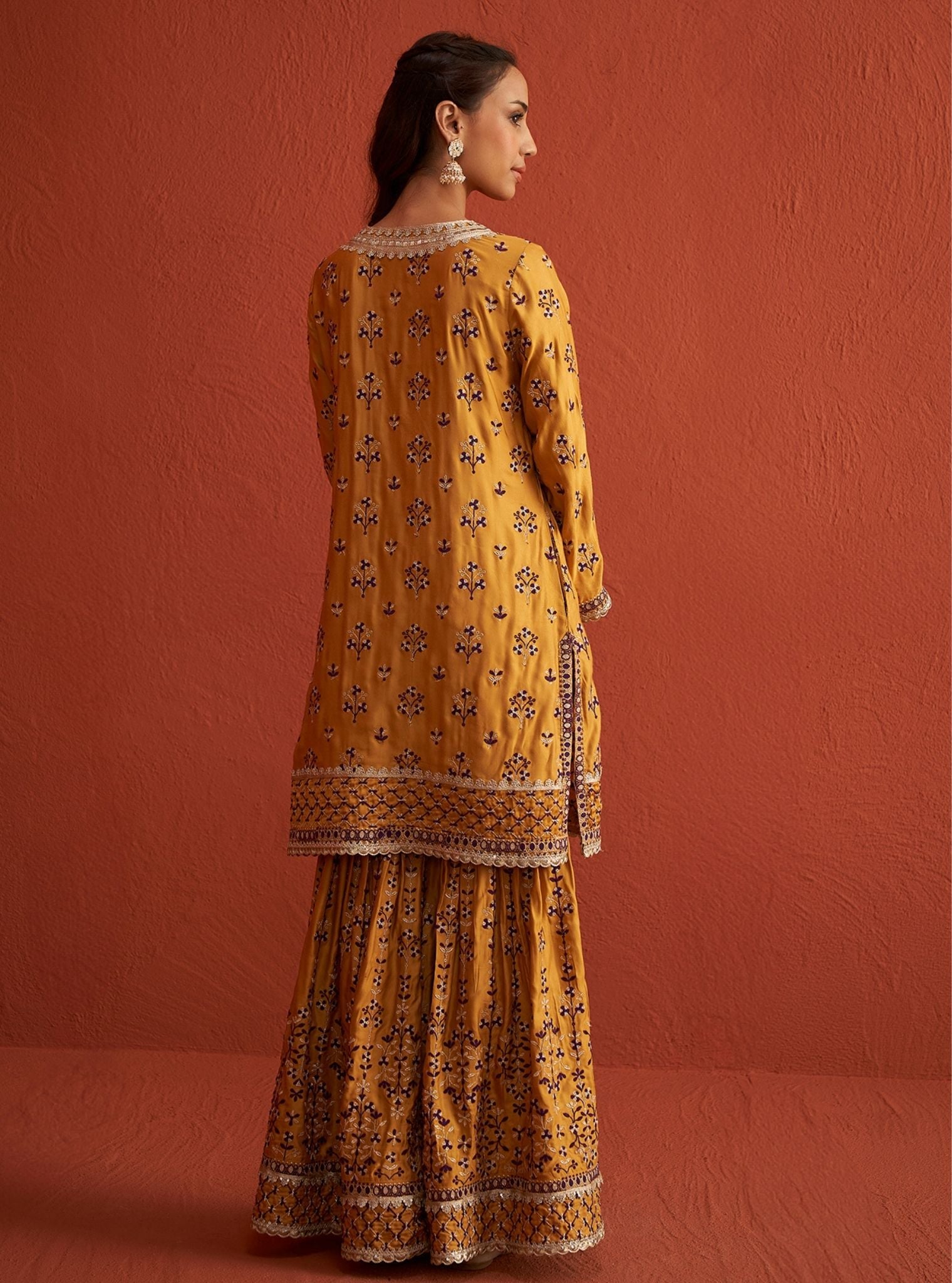 Mulmul Bemberg Satin Mahiya Mustard Kurta With Mulmul Bemberg Satin Mahiya Mustard Garara