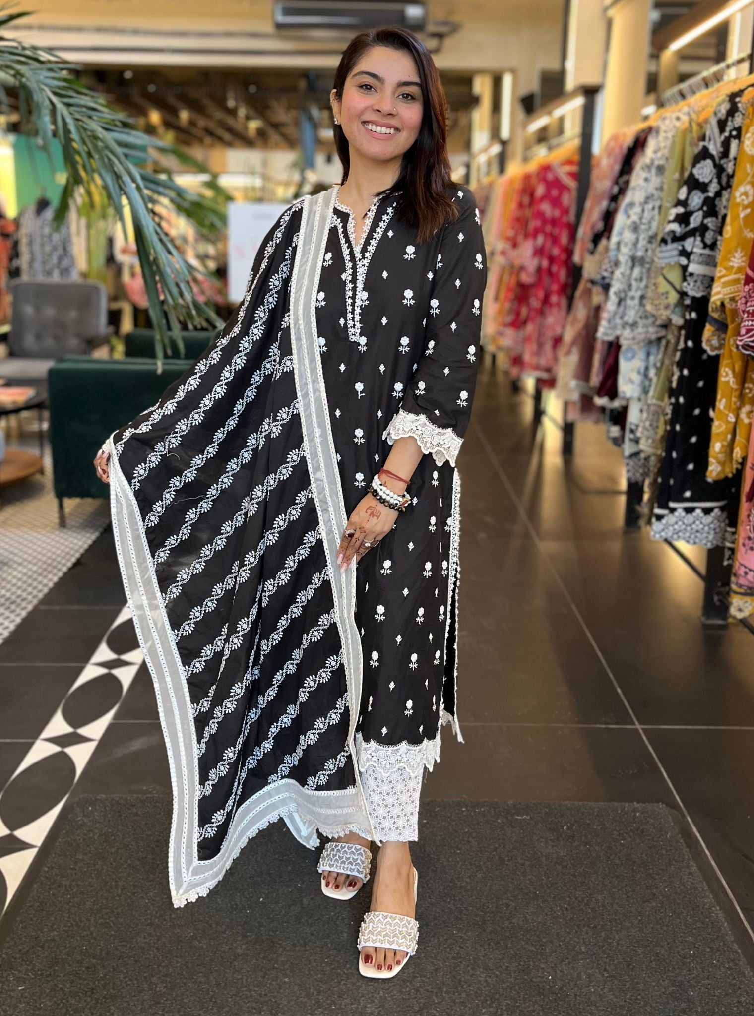 Mulmul Cotton Reine Black Kurta With Mulmul Cotton Lina Palazzo