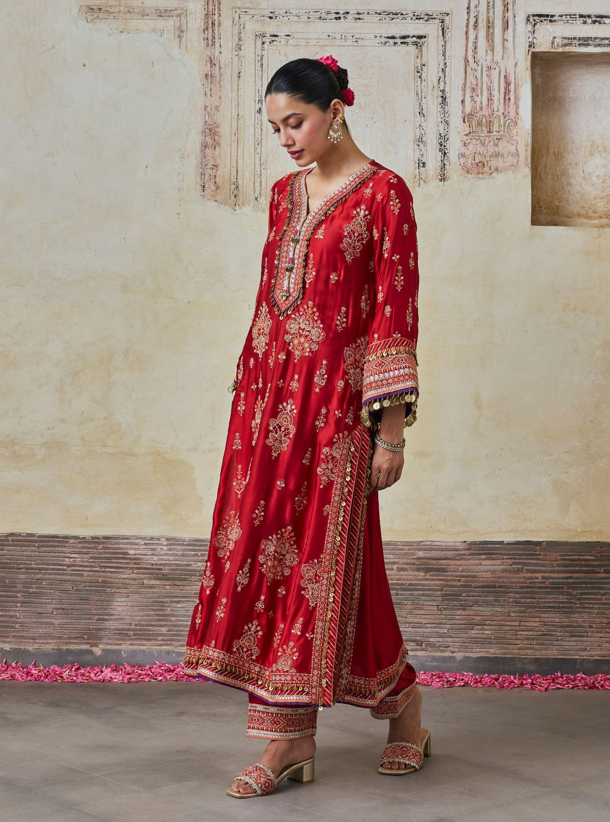 Koyal Cupro Satin Red Kaftan Set