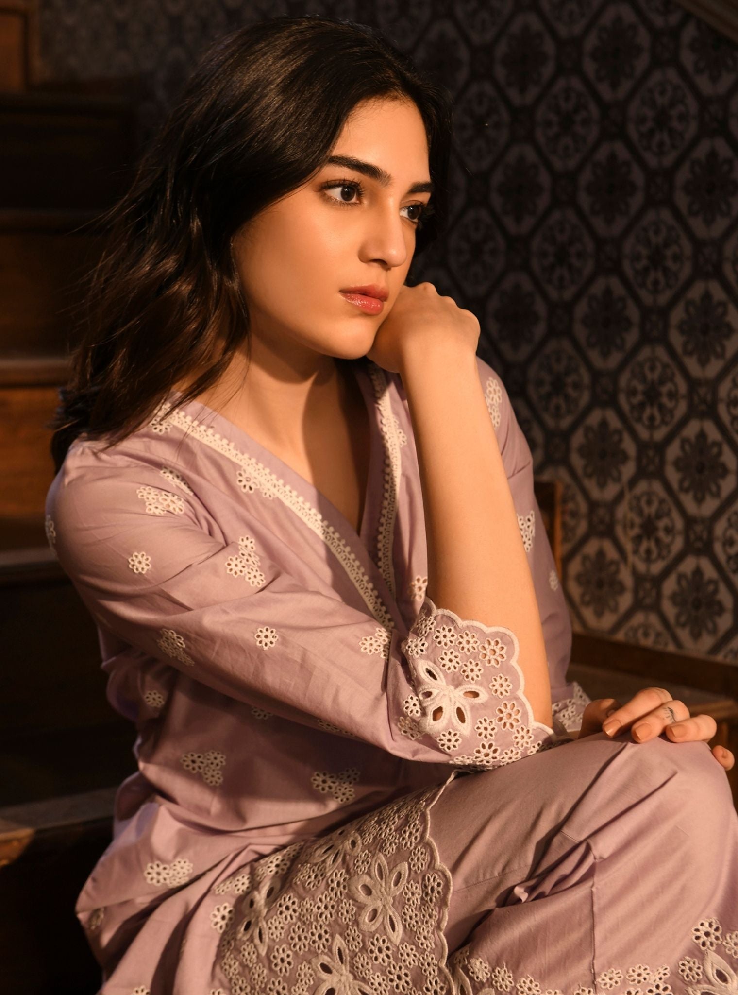 Mulmul Cotton Effat Lilac Kurta With Mulmul Cotton Effat Lilac Pant