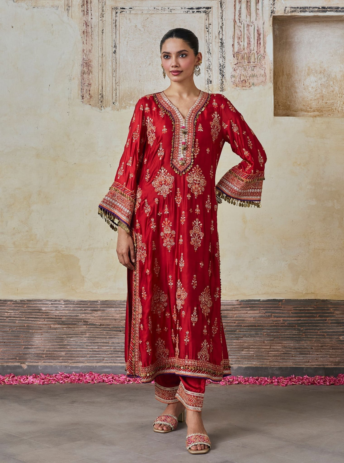 Koyal Cupro Satin Red Kaftan Set