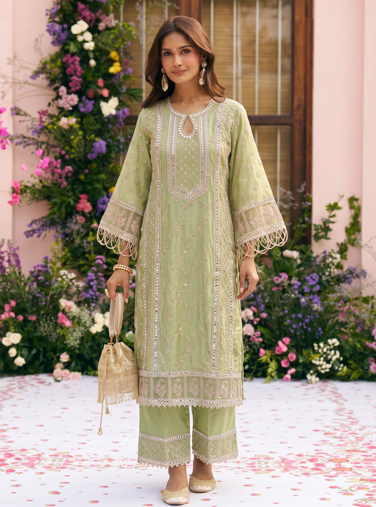 Briti Pima Satin Pista Green Kurta Set