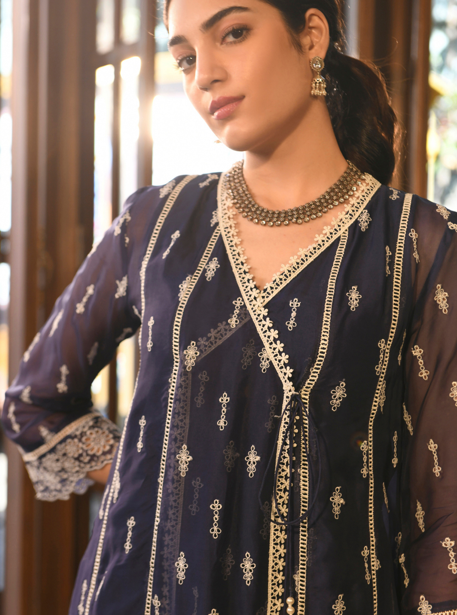 Mulmul Organza Vashti Navy Kurta With Mulmul Cotton Vashti Navy Pant