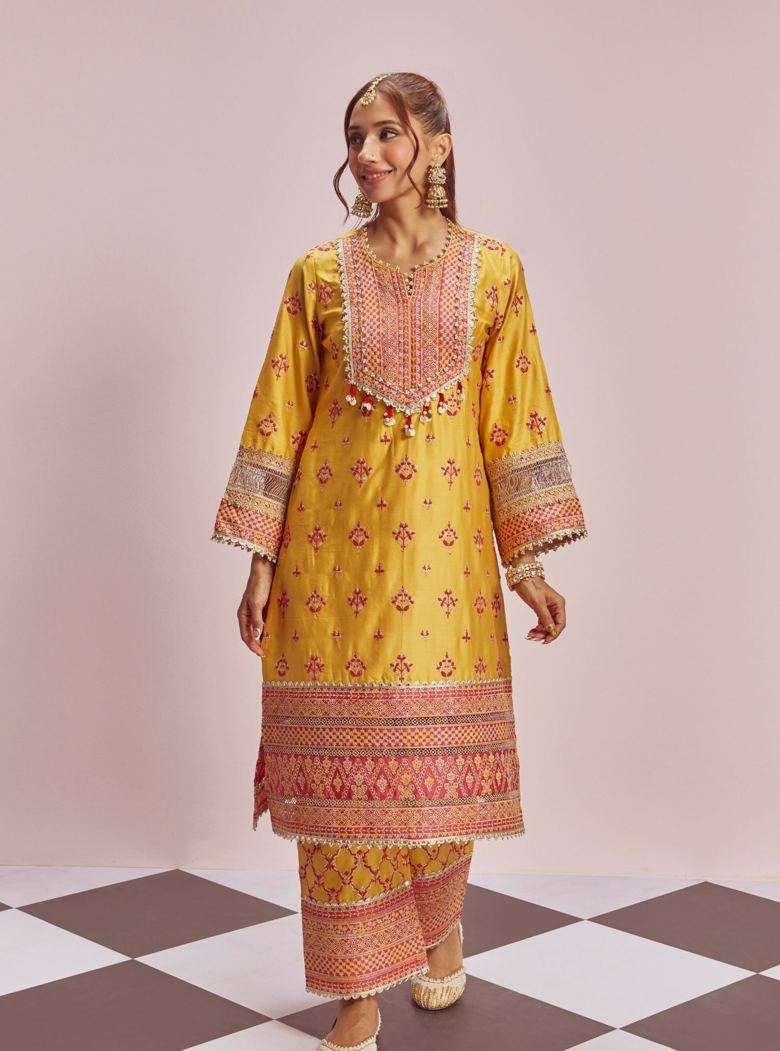 Mulmul Pima Satin Shagun Yellow Kurta With Mulmul Pima Satin Shagun Yellow Pant